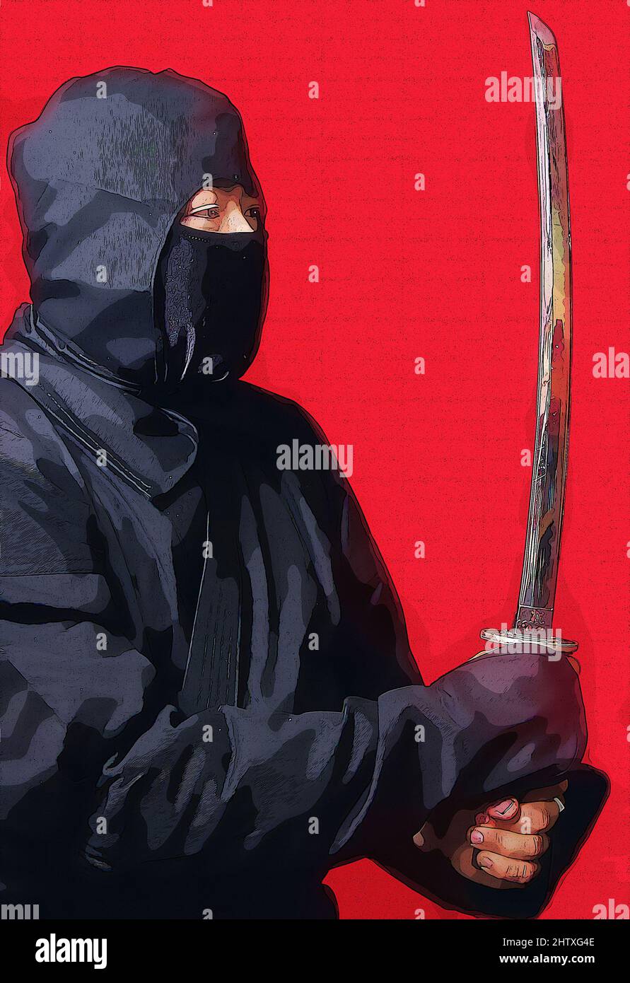 Ninja With Throwing Star Weapon and Red Background Comic Style Illustration Stock Photo
