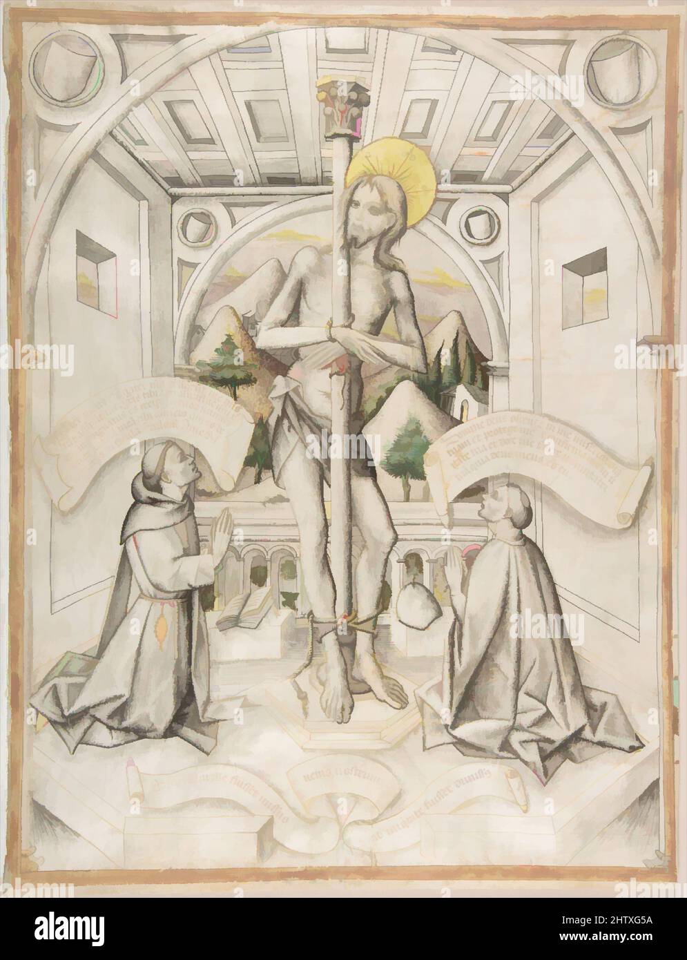Art inspired by Christ at the Column, ca. 1440–70, Pen with brown and black carbon ink, brush with gray wash, watercolor, and gouache on parchment; inscriptions in brown ink of a different type, sheet: 15 7/8 x 11 15/16 in. (40.3 x 30.4 cm), Drawings, Delli brothers (Florentine, active, Classic works modernized by Artotop with a splash of modernity. Shapes, color and value, eye-catching visual impact on art. Emotions through freedom of artworks in a contemporary way. A timeless message pursuing a wildly creative new direction. Artists turning to the digital medium and creating the Artotop NFT Stock Photo