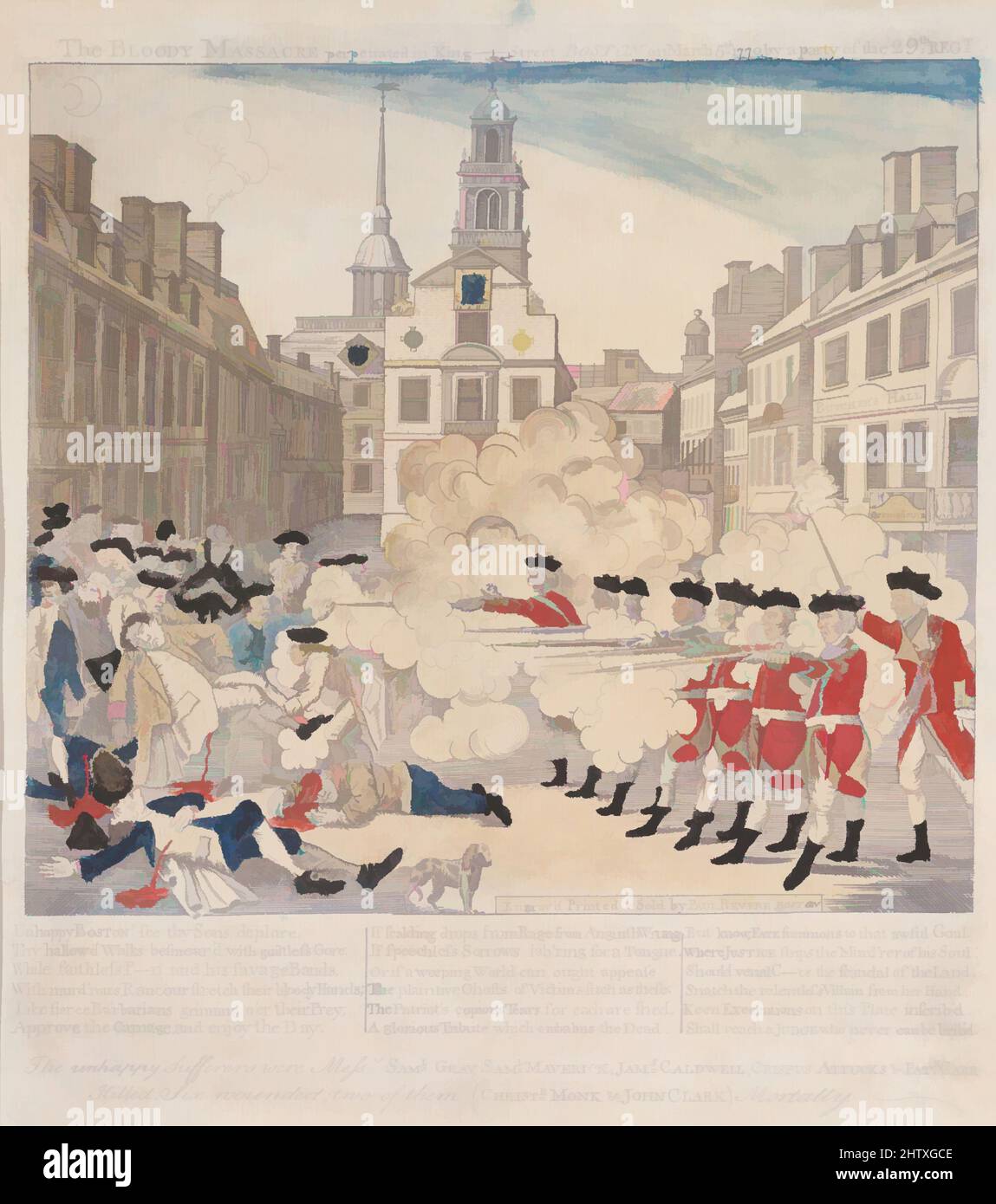 Art inspired by The Boston Massacre, 1770, Engraving and etching, hand colored, image: 10 1/4 x 9 1/8 in. (26 x 23.2 cm), Prints, Paul Revere Jr. (American, Boston, Massachusetts 1734–1818 Boston, Massachusetts, Classic works modernized by Artotop with a splash of modernity. Shapes, color and value, eye-catching visual impact on art. Emotions through freedom of artworks in a contemporary way. A timeless message pursuing a wildly creative new direction. Artists turning to the digital medium and creating the Artotop NFT Stock Photo