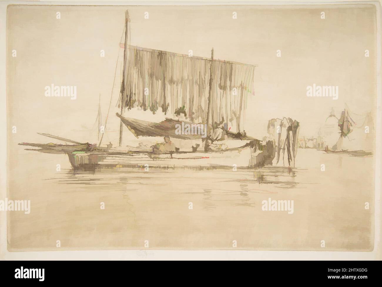 Art inspired by Fishing Boat, 1879–80, Etching and drypoint; fourth state of six (Glasgow); printed in dark brown ink on ivory laid paper, Plate: 6 1/8 × 9 1/8 in. (15.6 × 23.1 cm), Prints, James McNeill Whistler (American, Lowell, Massachusetts 1834–1903 London, Classic works modernized by Artotop with a splash of modernity. Shapes, color and value, eye-catching visual impact on art. Emotions through freedom of artworks in a contemporary way. A timeless message pursuing a wildly creative new direction. Artists turning to the digital medium and creating the Artotop NFT Stock Photo