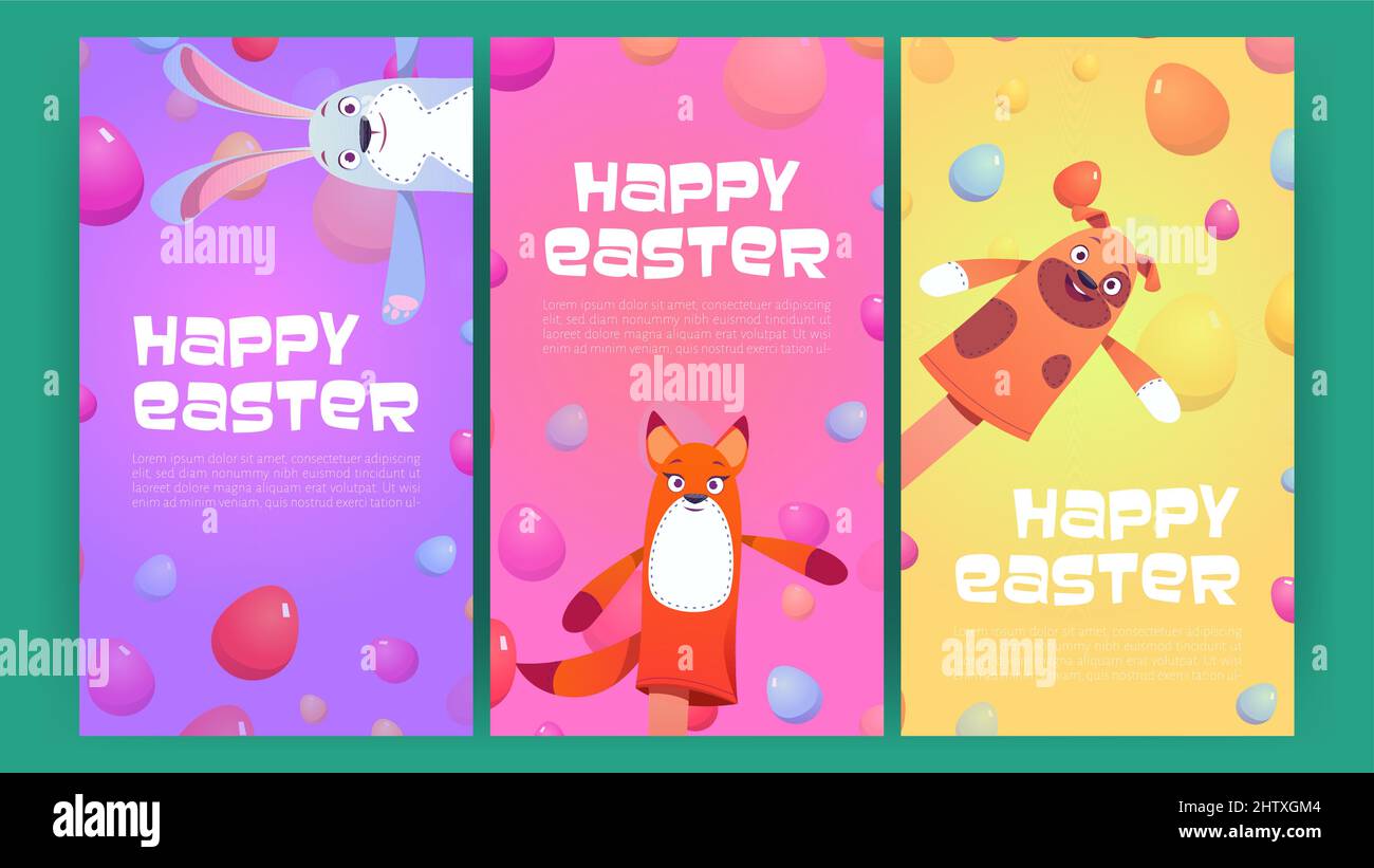 Happy Easter banners with eggs and cute puppets. Vector vertical posters of spring holiday celebration with cartoon illustration of funny bunny, dog and fox toys on hands and colorful eggs Stock Vector