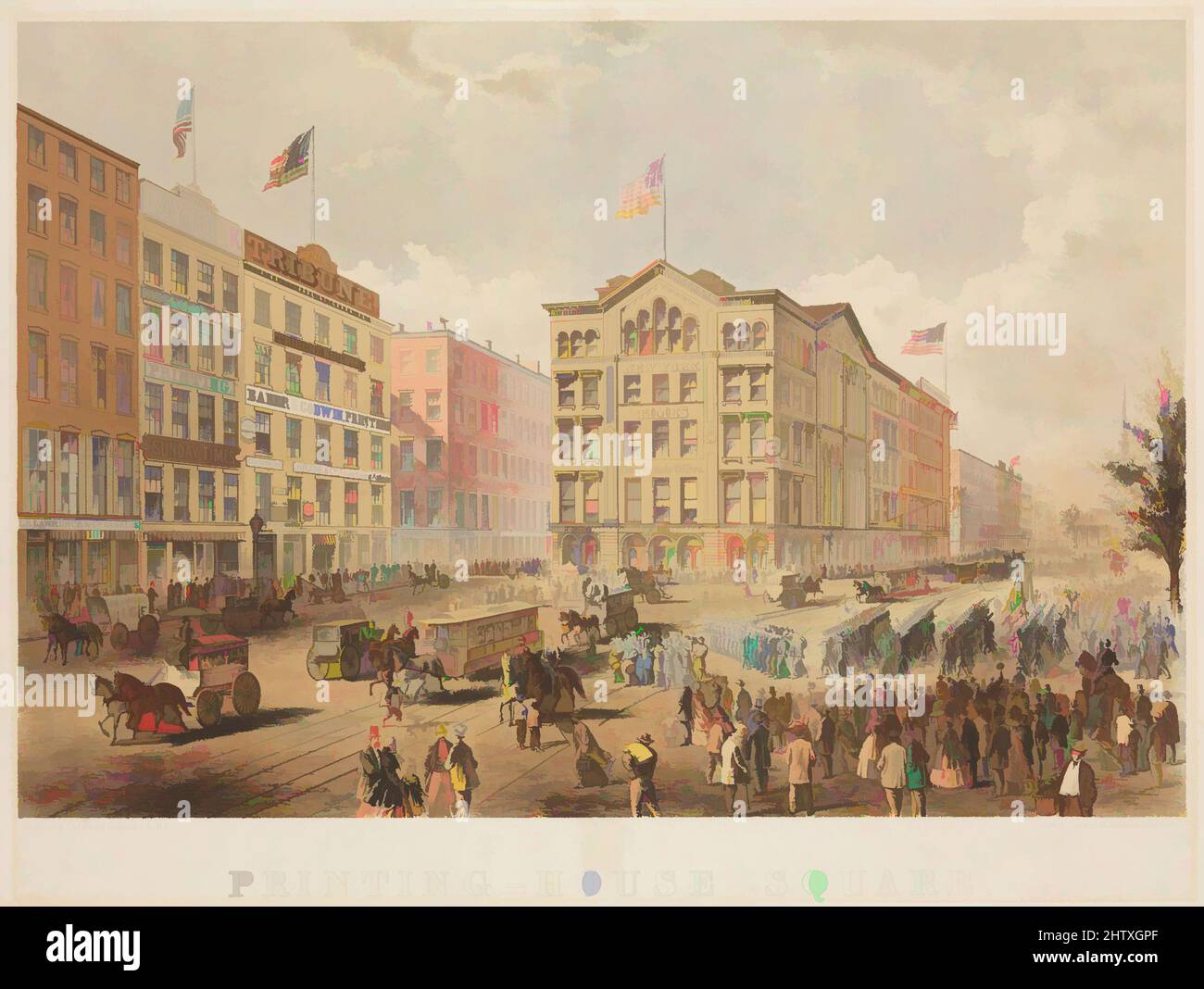 Art inspired by PrintingHouse Square, New York, 1866, Colored lithograph, Image 17 9/16 x 25