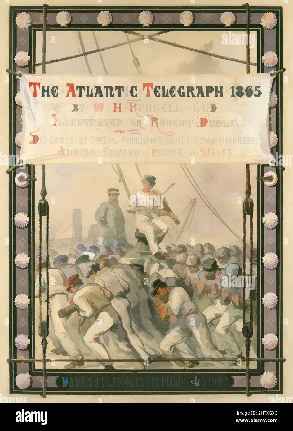 Art inspired by The Atlantic Telegraph, 1866, Illustrations: color lithography, 16 15/16 x 12 1/16 x 1 3/16 in. (43 x 30.6 x 3 cm), Books, This book documents the great 19th century technological achievement of laying a telegraphic cable beneath the Atlantic to allow messages to speed, Classic works modernized by Artotop with a splash of modernity. Shapes, color and value, eye-catching visual impact on art. Emotions through freedom of artworks in a contemporary way. A timeless message pursuing a wildly creative new direction. Artists turning to the digital medium and creating the Artotop NFT Stock Photo