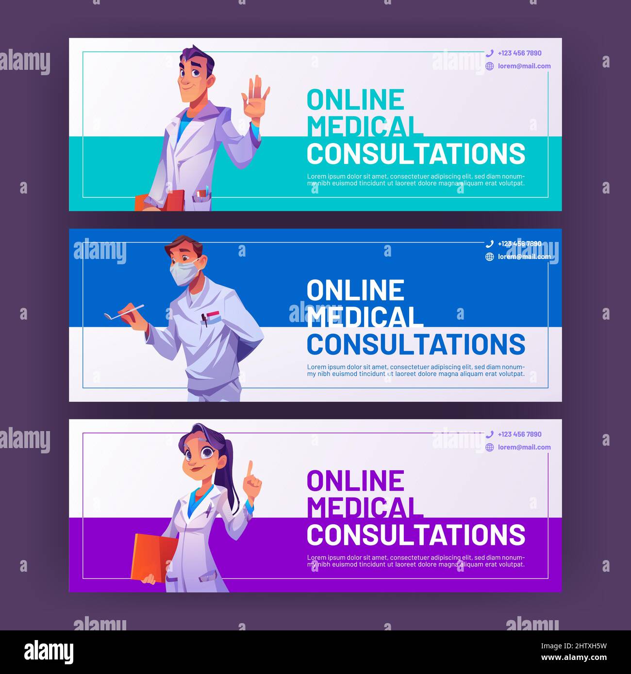Online Medical Consultation Cartoon Ads Banners Doctors Greeting Gesturing With Hand Medicine 4766