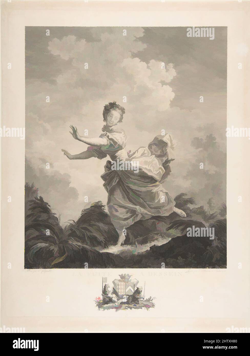 Art inspired by La Fuite a Dessein, Etching and engraving; second state of three (Portalis), Sheet: 15 11/16 x 11 7/8 in. (39.8 x 30.2 cm), Prints, After Jean Honoré Fragonard (French, Grasse 1732–1806 Paris), Engraved by Charles François Adrien Macret (French, Abbeville 1751–1789, Classic works modernized by Artotop with a splash of modernity. Shapes, color and value, eye-catching visual impact on art. Emotions through freedom of artworks in a contemporary way. A timeless message pursuing a wildly creative new direction. Artists turning to the digital medium and creating the Artotop NFT Stock Photo