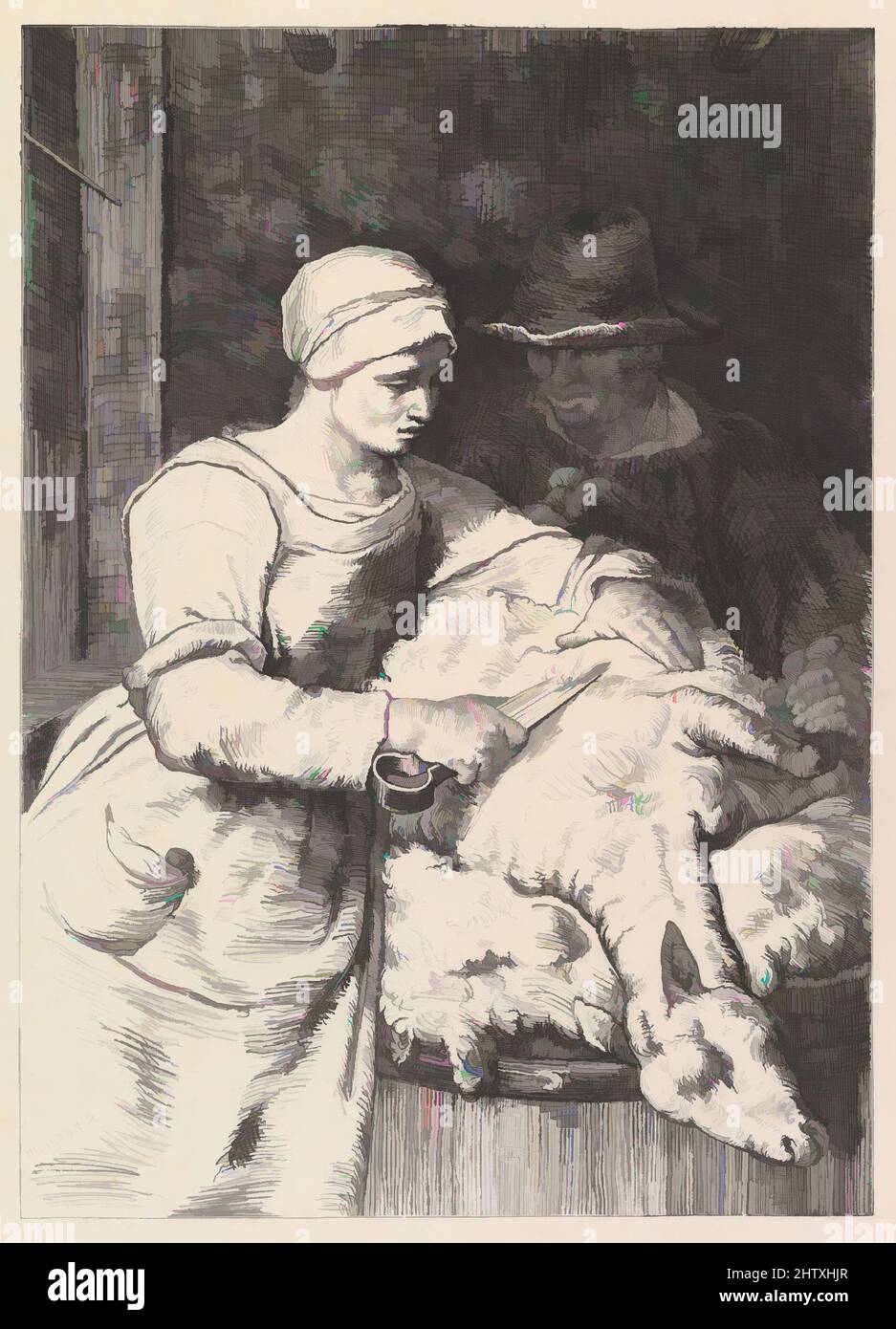 Art inspired by The Sheepshearer, 19th century, Woodcut, Prints, Henry Linton (British, London 1815–1899), After Jean-François Millet (French, Gruchy 1814–1875 Barbizon, Classic works modernized by Artotop with a splash of modernity. Shapes, color and value, eye-catching visual impact on art. Emotions through freedom of artworks in a contemporary way. A timeless message pursuing a wildly creative new direction. Artists turning to the digital medium and creating the Artotop NFT Stock Photo