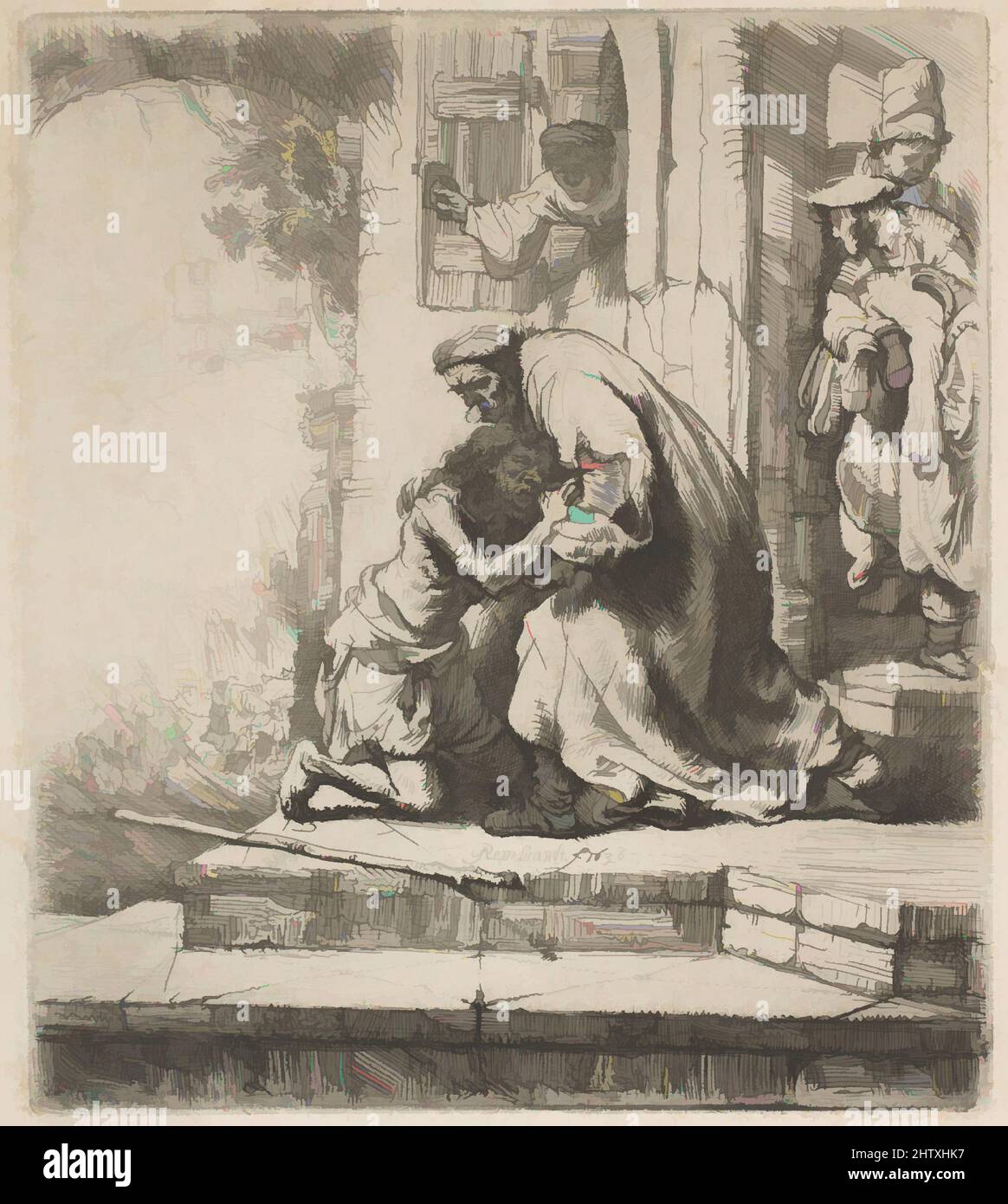 Art inspired by The Return of the Prodigal Son, 1636, Etching, Plate: 6 1/8 × 5 7/16 in. (15.6 × 13.8 cm), Prints, Rembrandt (Rembrandt van Rijn) (Dutch, Leiden 1606–1669 Amsterdam, Classic works modernized by Artotop with a splash of modernity. Shapes, color and value, eye-catching visual impact on art. Emotions through freedom of artworks in a contemporary way. A timeless message pursuing a wildly creative new direction. Artists turning to the digital medium and creating the Artotop NFT Stock Photo