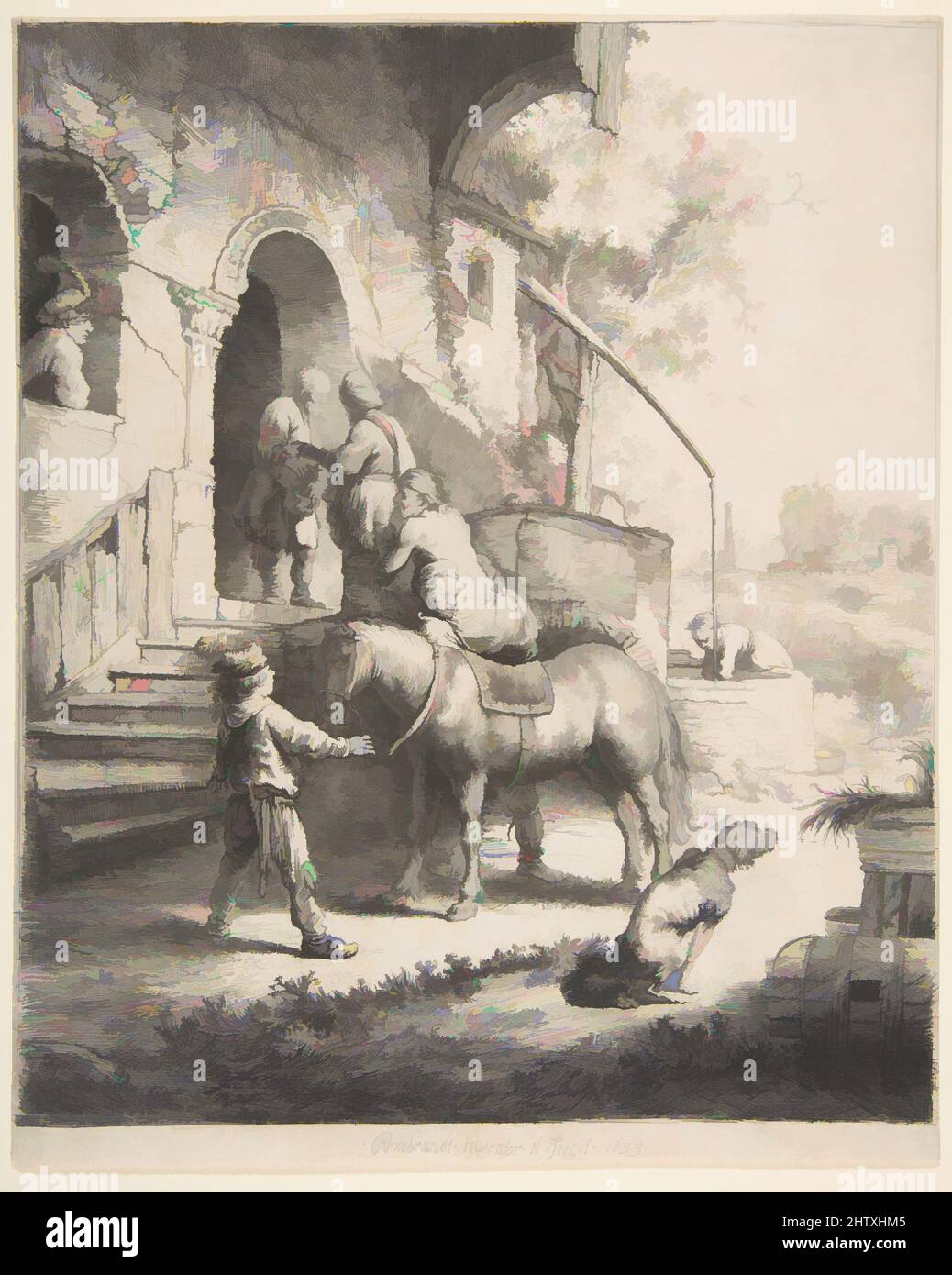 Art inspired by The Good Samaritan, 1633, Etching, engraving and drypoint; fourth state of four, Sheet: 9 15/16 × 8 1/16 in. (25.3 × 20.4 cm), Prints, Rembrandt (Rembrandt van Rijn) (Dutch, Leiden 1606–1669 Amsterdam), This etching depicts the final scene in the parable of the Good, Classic works modernized by Artotop with a splash of modernity. Shapes, color and value, eye-catching visual impact on art. Emotions through freedom of artworks in a contemporary way. A timeless message pursuing a wildly creative new direction. Artists turning to the digital medium and creating the Artotop NFT Stock Photo