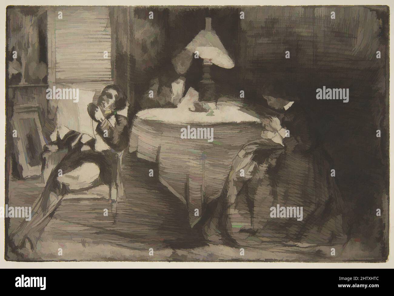 Art inspired by The Music Room, 1859, Etching; second state of four (Glasgow); Fine antique laid paper with a greenish cast, Plate: 5 11/16 x 8 1/2 in. (14.4 x 21.6 cm), Prints, James McNeill Whistler (American, Lowell, Massachusetts 1834–1903 London, Classic works modernized by Artotop with a splash of modernity. Shapes, color and value, eye-catching visual impact on art. Emotions through freedom of artworks in a contemporary way. A timeless message pursuing a wildly creative new direction. Artists turning to the digital medium and creating the Artotop NFT Stock Photo