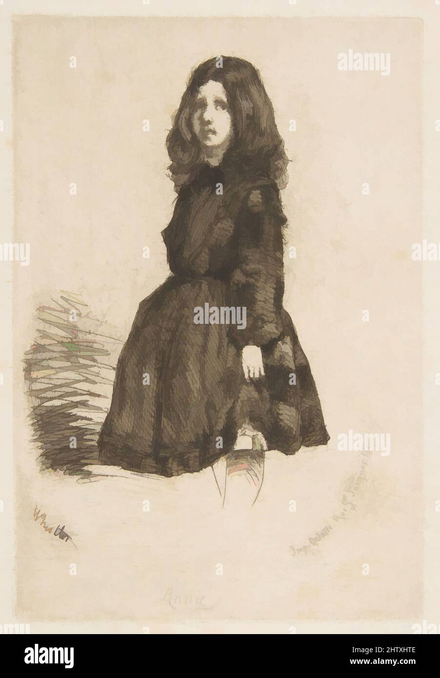 Art inspired by Annie, 1857–58, Etching; sixth state of seven (Glasgow); printed in black ink on fibrous ivory laid paper, Plate: 4 5/8 x 3 1/8 in. (11.7 x 7.9 cm), Prints, James McNeill Whistler (American, Lowell, Massachusetts 1834–1903 London, Classic works modernized by Artotop with a splash of modernity. Shapes, color and value, eye-catching visual impact on art. Emotions through freedom of artworks in a contemporary way. A timeless message pursuing a wildly creative new direction. Artists turning to the digital medium and creating the Artotop NFT Stock Photo