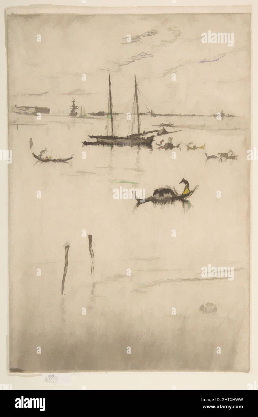 Art inspired by The Little Lagoon, 1879–80, Etching and drypoint; third state of four (Glasgow); printed in black ink on fine antique white laid paper, Plate: 8 15/16 in. × 6 in. (22.7 × 15.2 cm), Prints, James McNeill Whistler (American, Lowell, Massachusetts 1834–1903 London, Classic works modernized by Artotop with a splash of modernity. Shapes, color and value, eye-catching visual impact on art. Emotions through freedom of artworks in a contemporary way. A timeless message pursuing a wildly creative new direction. Artists turning to the digital medium and creating the Artotop NFT Stock Photo