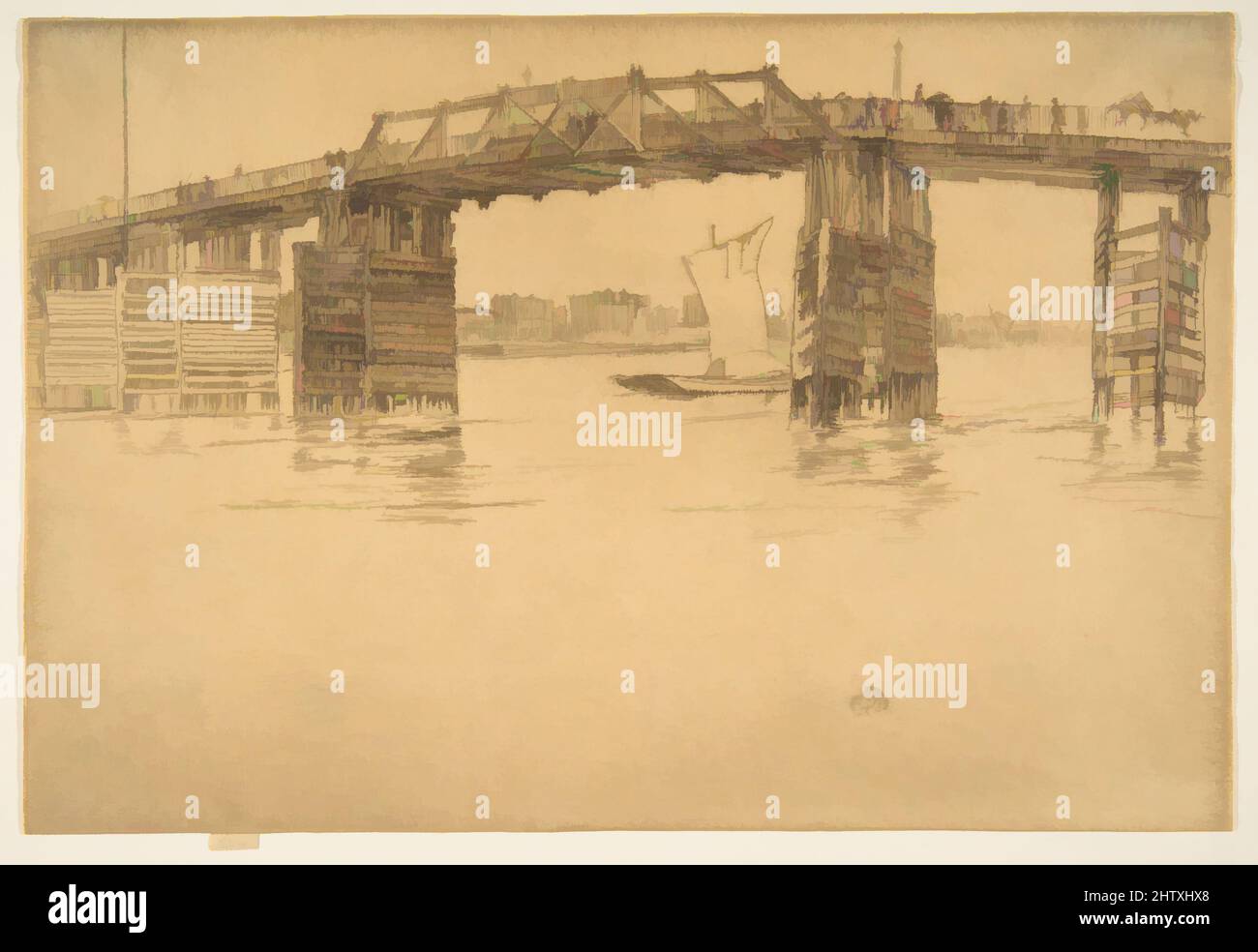Art inspired by Old Battersea Bridge, 1879, Etching and drypoint; seventh state of seven (Glasgow); printed in dark brown ink on ivory laid paper, Plate: 7 13/16 × 11 5/8 in. (19.9 × 29.5 cm), Prints, James McNeill Whistler (American, Lowell, Massachusetts 1834–1903 London, Classic works modernized by Artotop with a splash of modernity. Shapes, color and value, eye-catching visual impact on art. Emotions through freedom of artworks in a contemporary way. A timeless message pursuing a wildly creative new direction. Artists turning to the digital medium and creating the Artotop NFT Stock Photo