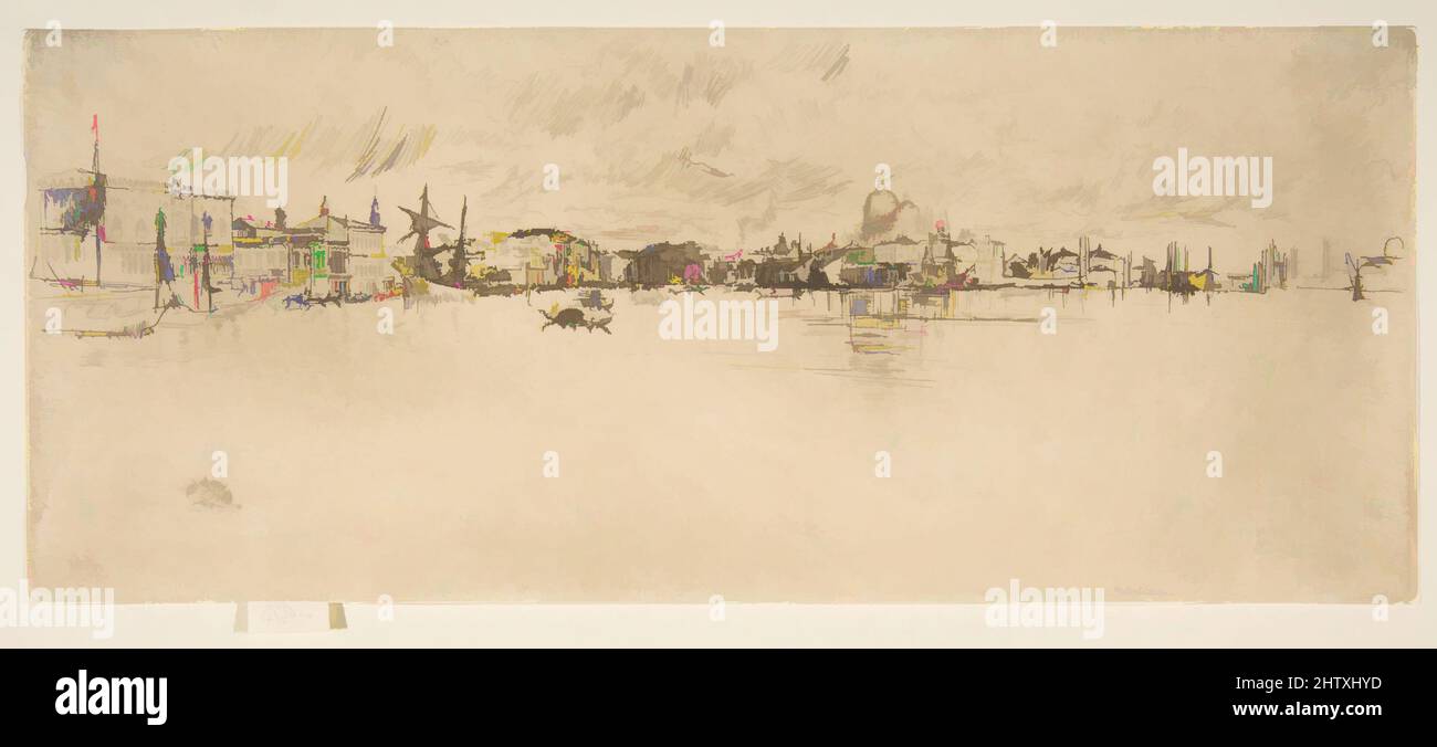 Art inspired by Long Venice, 1879–80, Etching and drypoint; eighth state of eight (Glasgow); printed in dark brown ink on fine ivory laid paper, Plate: 5 × 12 1/16 in. (12.7 × 30.7 cm), Prints, James McNeill Whistler (American, Lowell, Massachusetts 1834–1903 London, Classic works modernized by Artotop with a splash of modernity. Shapes, color and value, eye-catching visual impact on art. Emotions through freedom of artworks in a contemporary way. A timeless message pursuing a wildly creative new direction. Artists turning to the digital medium and creating the Artotop NFT Stock Photo
