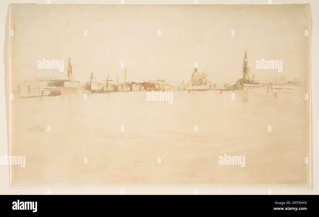 Art inspired by La Salute: Dawn, 1879–80, Etching and drypoint; fourth state of four (Glasgow); dark brown ink on fine ivory laid paper, plate: 4 7/8 x 7 15/16 in. (12.4 x 20.2 cm), Prints, James McNeill Whistler (American, Lowell, Massachusetts 1834–1903 London, Classic works modernized by Artotop with a splash of modernity. Shapes, color and value, eye-catching visual impact on art. Emotions through freedom of artworks in a contemporary way. A timeless message pursuing a wildly creative new direction. Artists turning to the digital medium and creating the Artotop NFT Stock Photo