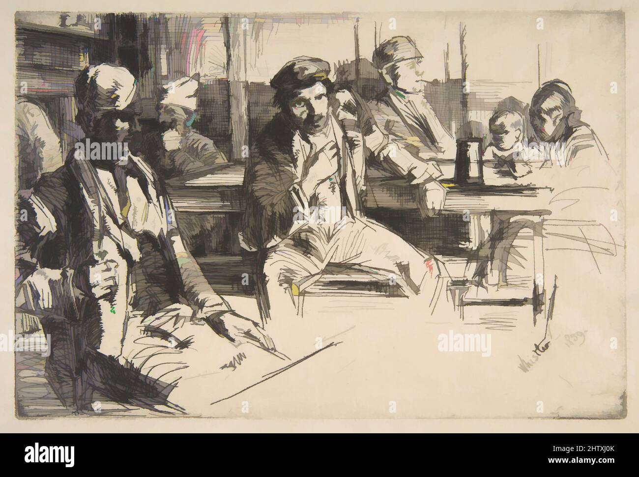 Art inspired by Longshore Men, 1859, Etching and drypoint; third state of four (Glasgow); black ink on medium weight, Plate: 5 7/8 × 8 15/16 in. (15 × 22.7 cm), Prints, James McNeill Whistler (American, Lowell, Massachusetts 1834–1903 London, Classic works modernized by Artotop with a splash of modernity. Shapes, color and value, eye-catching visual impact on art. Emotions through freedom of artworks in a contemporary way. A timeless message pursuing a wildly creative new direction. Artists turning to the digital medium and creating the Artotop NFT Stock Photo