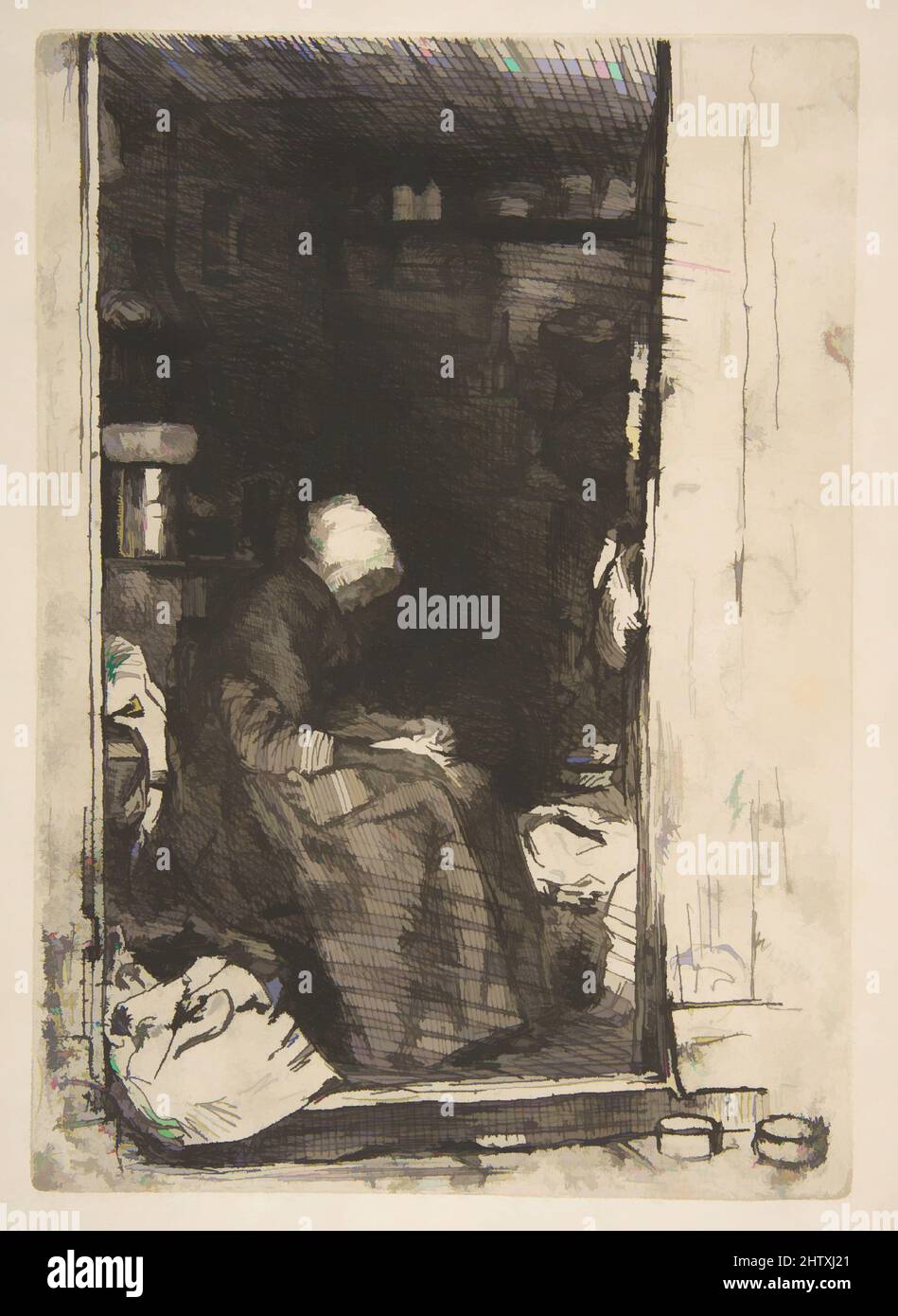 Art inspired by La Vielle aux loques, 1858, Etching and drypoint; fourth state of four (Glasgow); printed in black ink, Plate: 8 1/4 x 5 13/16 in. (21 x 14.8 cm), Prints, James McNeill Whistler (American, Lowell, Massachusetts 1834–1903 London, Classic works modernized by Artotop with a splash of modernity. Shapes, color and value, eye-catching visual impact on art. Emotions through freedom of artworks in a contemporary way. A timeless message pursuing a wildly creative new direction. Artists turning to the digital medium and creating the Artotop NFT Stock Photo