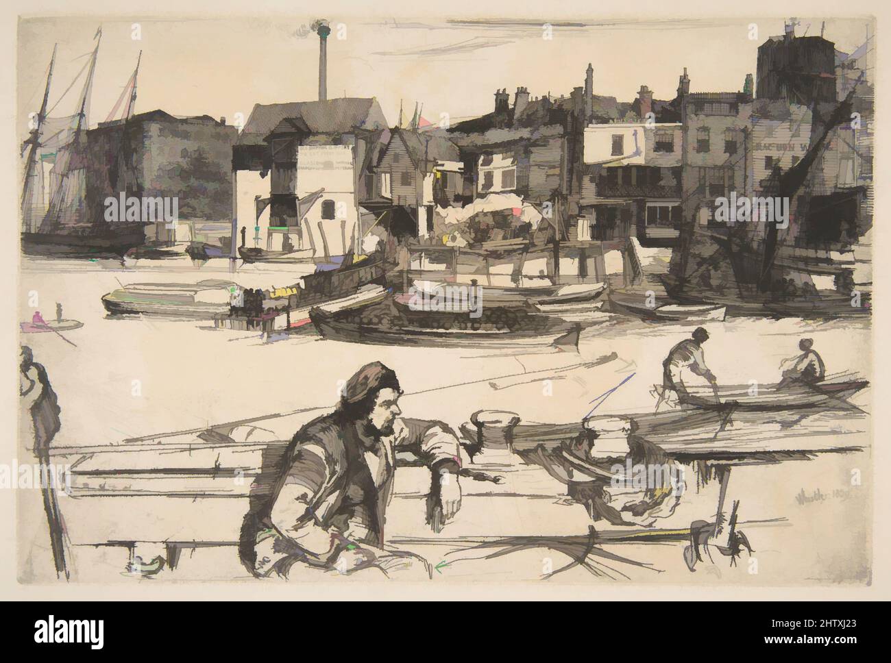 Art inspired by Black Lion Wharf, 1859, Etching; fourth state of four (Glasgow), Sheet: 11 7/16 × 16 1/8 in. (29 × 41 cm), Prints, James McNeill Whistler (American, Lowell, Massachusetts 1834–1903 London), When he moved to London in 1859, Whistler lodged near the Thames in the, Classic works modernized by Artotop with a splash of modernity. Shapes, color and value, eye-catching visual impact on art. Emotions through freedom of artworks in a contemporary way. A timeless message pursuing a wildly creative new direction. Artists turning to the digital medium and creating the Artotop NFT Stock Photo