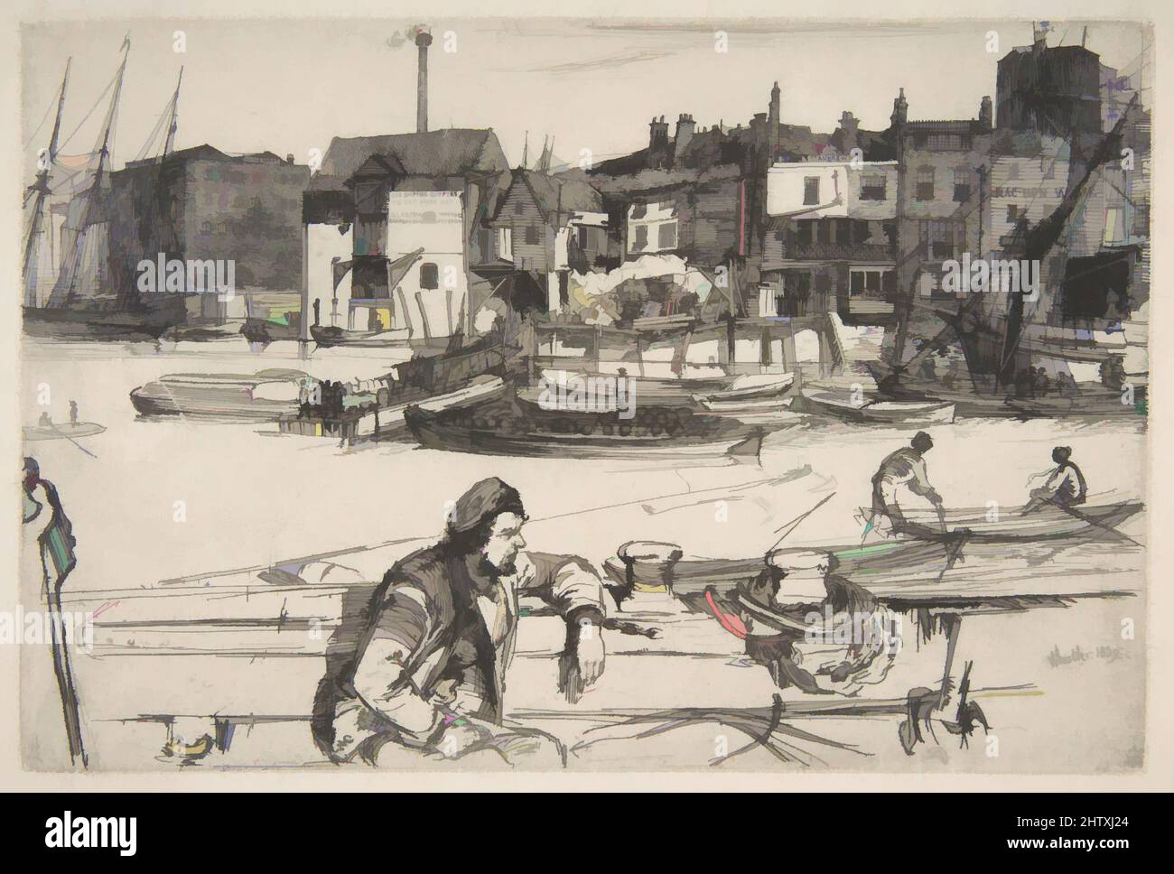 Art inspired by Black Lion Wharf, 1859, Etching; fourth state of four (Glasgow), printed in black ink on fine off-white laid Japan paper, plate: 6 x 8 15/16 in. (15.2 x 22.7 cm), Prints, James McNeill Whistler (American, Lowell, Massachusetts 1834–1903 London, Classic works modernized by Artotop with a splash of modernity. Shapes, color and value, eye-catching visual impact on art. Emotions through freedom of artworks in a contemporary way. A timeless message pursuing a wildly creative new direction. Artists turning to the digital medium and creating the Artotop NFT Stock Photo