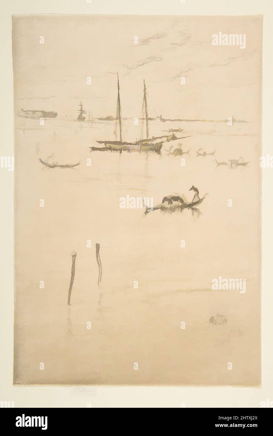 Art inspired by The Little Lagoon, 1879–80, Etching and drypoint; third state of four (Glasgow); printed in dark brown ink on medium-light weight ivory laid paper, Plate: 9 × 6 in. (22.9 × 15.3 cm), Prints, James McNeill Whistler (American, Lowell, Massachusetts 1834–1903 London, Classic works modernized by Artotop with a splash of modernity. Shapes, color and value, eye-catching visual impact on art. Emotions through freedom of artworks in a contemporary way. A timeless message pursuing a wildly creative new direction. Artists turning to the digital medium and creating the Artotop NFT Stock Photo