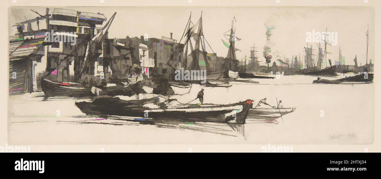 Art inspired by Thames Warehouses, 1859, Etching and drypoint; fifth state of five (Glasgow); black ink on medium weight ivory laid paper, Plate: 3 × 8 in. (7.6 × 20.3 cm), Prints, James McNeill Whistler (American, Lowell, Massachusetts 1834–1903 London, Classic works modernized by Artotop with a splash of modernity. Shapes, color and value, eye-catching visual impact on art. Emotions through freedom of artworks in a contemporary way. A timeless message pursuing a wildly creative new direction. Artists turning to the digital medium and creating the Artotop NFT Stock Photo