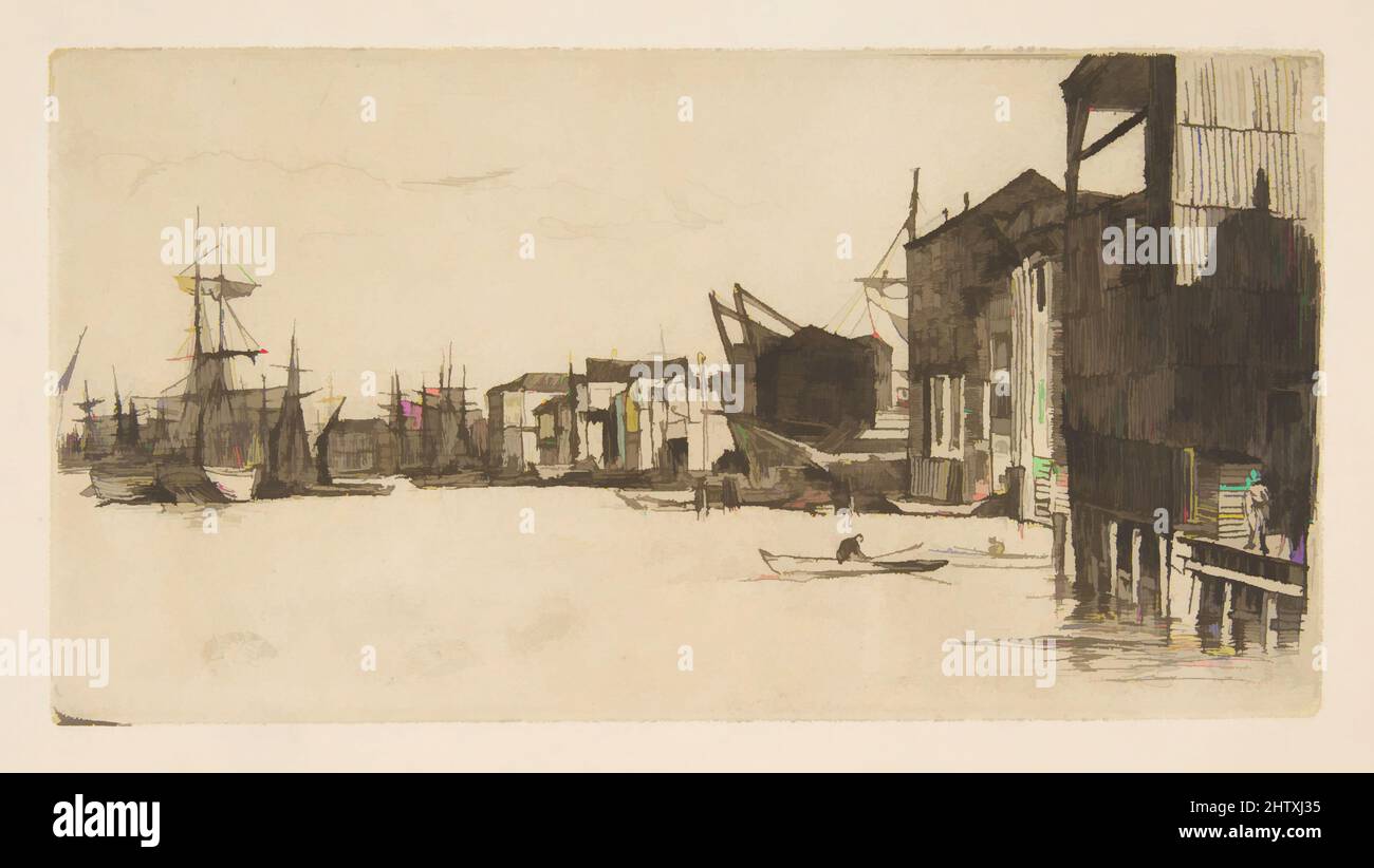 Art inspired by Free Trade Wharf, 1877, Etching and drypoint; fourth state of eight (Glasgow) as published by the Fine Art Society; printed in black ink on ivory laid paper, Plate: 3 13/16 × 7 1/4 in. (9.7 × 18.4 cm), Prints, James McNeill Whistler (American, Lowell, Massachusetts 1834, Classic works modernized by Artotop with a splash of modernity. Shapes, color and value, eye-catching visual impact on art. Emotions through freedom of artworks in a contemporary way. A timeless message pursuing a wildly creative new direction. Artists turning to the digital medium and creating the Artotop NFT Stock Photo