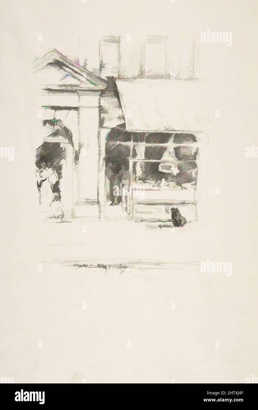 Art inspired by The Butcher's Dog, 1896, Transfer lithograph, drawn on white transfer paper with a grained-stone texture; fourth state of four; printed in black ink on medium weight ivory laid paper, Image: 7 1/8 × 5 3/16 in. (18.1 × 13.1 cm), Prints, James McNeill Whistler (American, Classic works modernized by Artotop with a splash of modernity. Shapes, color and value, eye-catching visual impact on art. Emotions through freedom of artworks in a contemporary way. A timeless message pursuing a wildly creative new direction. Artists turning to the digital medium and creating the Artotop NFT Stock Photo