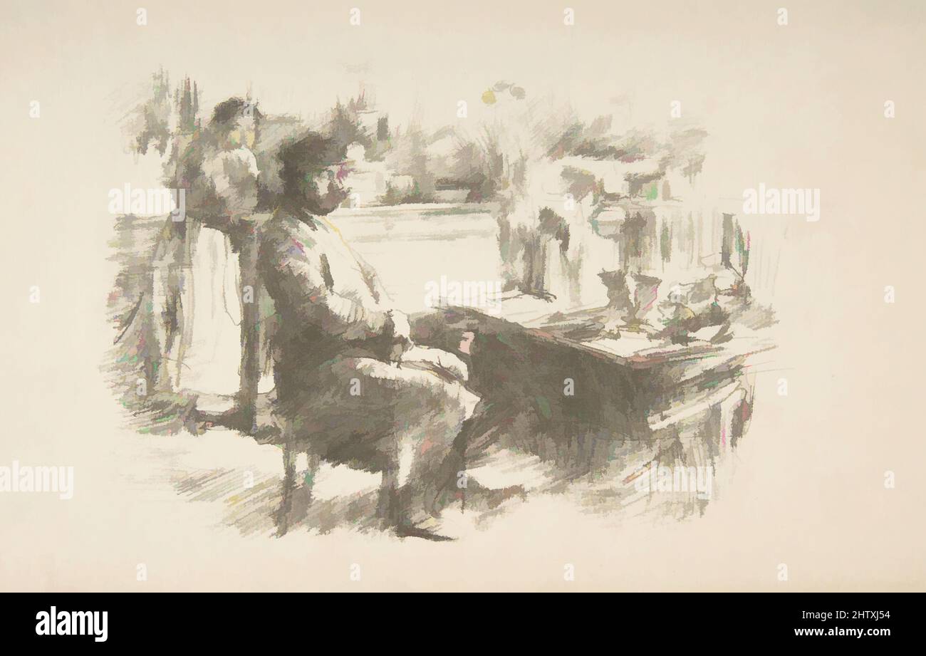 Art inspired by The Shoemaker, 1896, Transfer lithograph with stumping, drawn on thin, transparent transfer paper; only state (Chicago); printed in black ink on medium weight ivory laid paper, Image: 6 1/4 × 8 11/16 in. (15.8 × 22.1 cm), Prints, James McNeill Whistler (American, Lowell, Classic works modernized by Artotop with a splash of modernity. Shapes, color and value, eye-catching visual impact on art. Emotions through freedom of artworks in a contemporary way. A timeless message pursuing a wildly creative new direction. Artists turning to the digital medium and creating the Artotop NFT Stock Photo