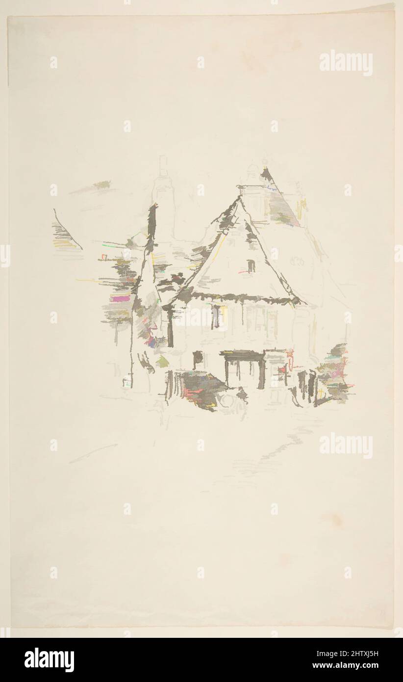 Art inspired by Gabled Roofs, Vitré, 1893, Transfer lithograph with stumping, drawn on fine-grained transfer paper; only state (Chicago); printed in black ink on medium weight ivory laid paper, Image: 8 1/16 × 6 5/16 in. (20.4 × 16.1 cm), Prints, James McNeill Whistler (American, Classic works modernized by Artotop with a splash of modernity. Shapes, color and value, eye-catching visual impact on art. Emotions through freedom of artworks in a contemporary way. A timeless message pursuing a wildly creative new direction. Artists turning to the digital medium and creating the Artotop NFT Stock Photo