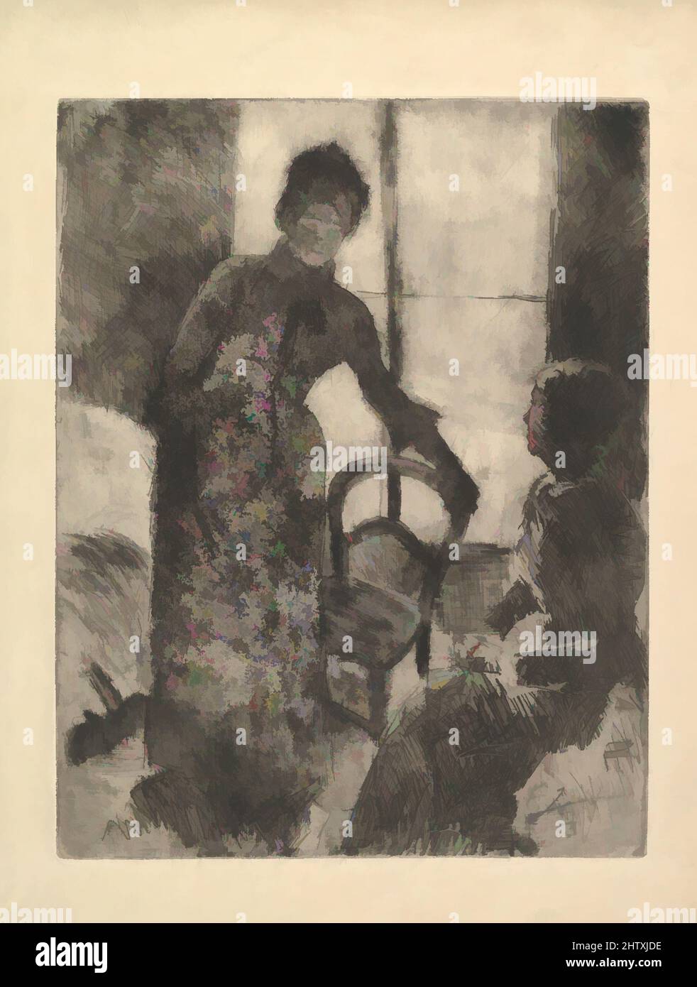 Art inspired by The Visitor, ca. 1881, Soft-ground, aquatint, etching, drypoint and fabric texture; third state of six, plate: 15 5/8 x 12 1/8 in. (39.7 x 30.8 cm), Prints, Mary Cassatt (American, Pittsburgh, Pennsylvania 1844–1926 Le Mesnil-Théribus, Oise, Classic works modernized by Artotop with a splash of modernity. Shapes, color and value, eye-catching visual impact on art. Emotions through freedom of artworks in a contemporary way. A timeless message pursuing a wildly creative new direction. Artists turning to the digital medium and creating the Artotop NFT Stock Photo