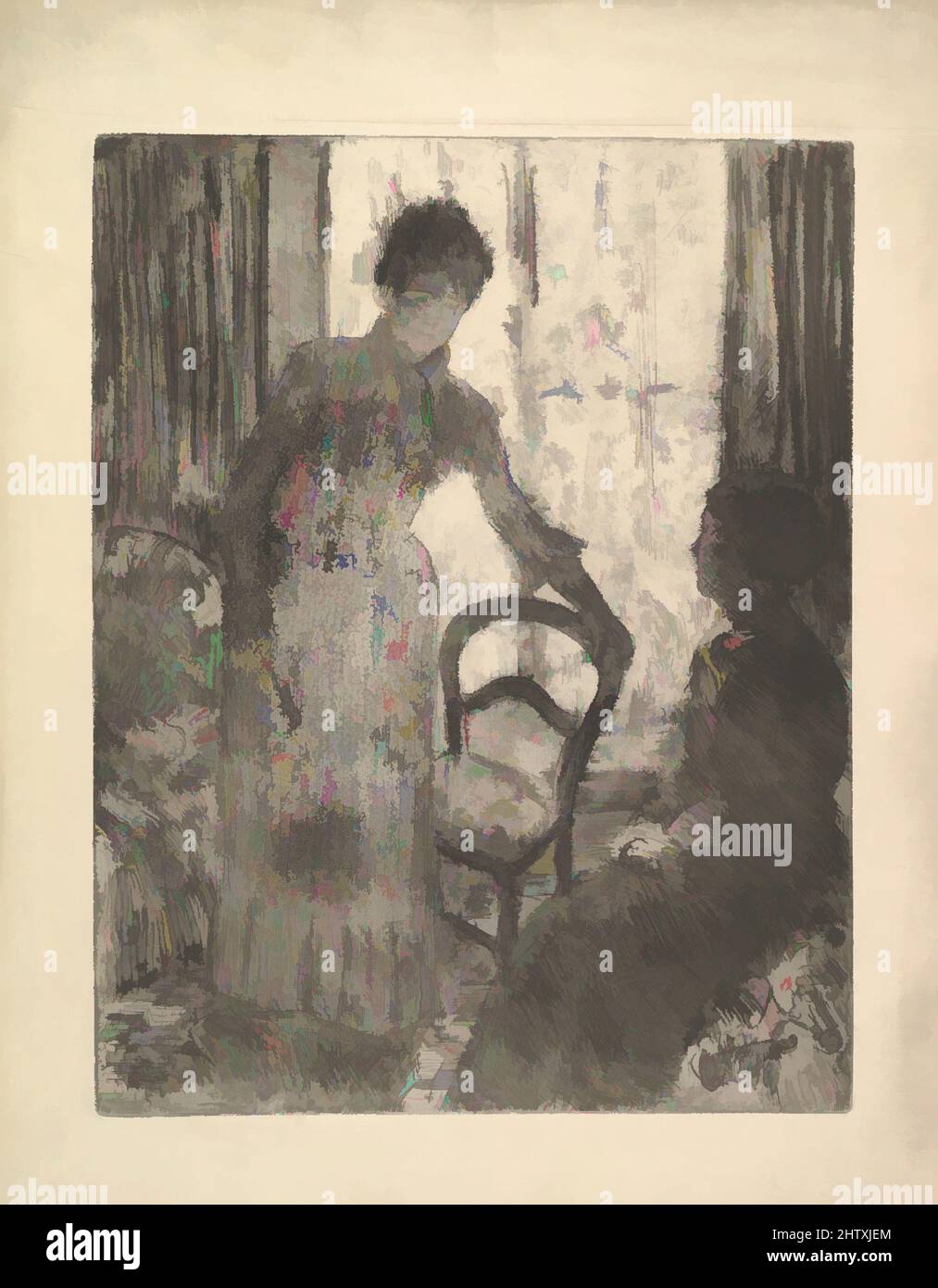 Art inspired by The Visitor, ca. 1881, Soft-ground, aquatint, etching, drypoint and fabric texture; fifth state of six, plate: 15 9/16 x 12 1/8 in. (39.5 x 30.8 cm), Prints, Mary Cassatt (American, Pittsburgh, Pennsylvania 1844–1926 Le Mesnil-Théribus, Oise, Classic works modernized by Artotop with a splash of modernity. Shapes, color and value, eye-catching visual impact on art. Emotions through freedom of artworks in a contemporary way. A timeless message pursuing a wildly creative new direction. Artists turning to the digital medium and creating the Artotop NFT Stock Photo