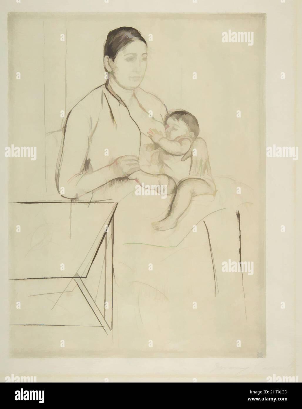 Art inspired by Nursing, ca. 1890, Drypoint; third state of three, plate: 9 3/8 x 7 in. (23.8 x 17.8 cm), Prints, Mary Cassatt (American, Pittsburgh, Pennsylvania 1844–1926 Le Mesnil-Théribus, Oise, Classic works modernized by Artotop with a splash of modernity. Shapes, color and value, eye-catching visual impact on art. Emotions through freedom of artworks in a contemporary way. A timeless message pursuing a wildly creative new direction. Artists turning to the digital medium and creating the Artotop NFT Stock Photo