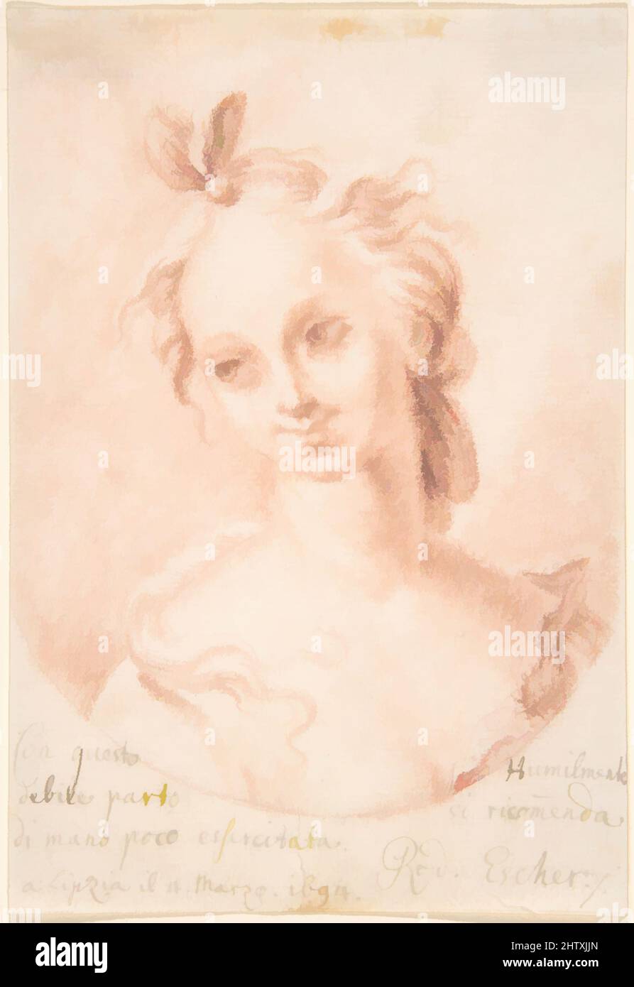 Art inspired by Head of a Girl, 1694, Red chalk, sheet: 5 7/16 x 3 5/8 in. (13.8 x 9.2 cm), Drawings, Rudolf Escher (Swiss, Zurich 1662–1721 Zurich, Classic works modernized by Artotop with a splash of modernity. Shapes, color and value, eye-catching visual impact on art. Emotions through freedom of artworks in a contemporary way. A timeless message pursuing a wildly creative new direction. Artists turning to the digital medium and creating the Artotop NFT Stock Photo