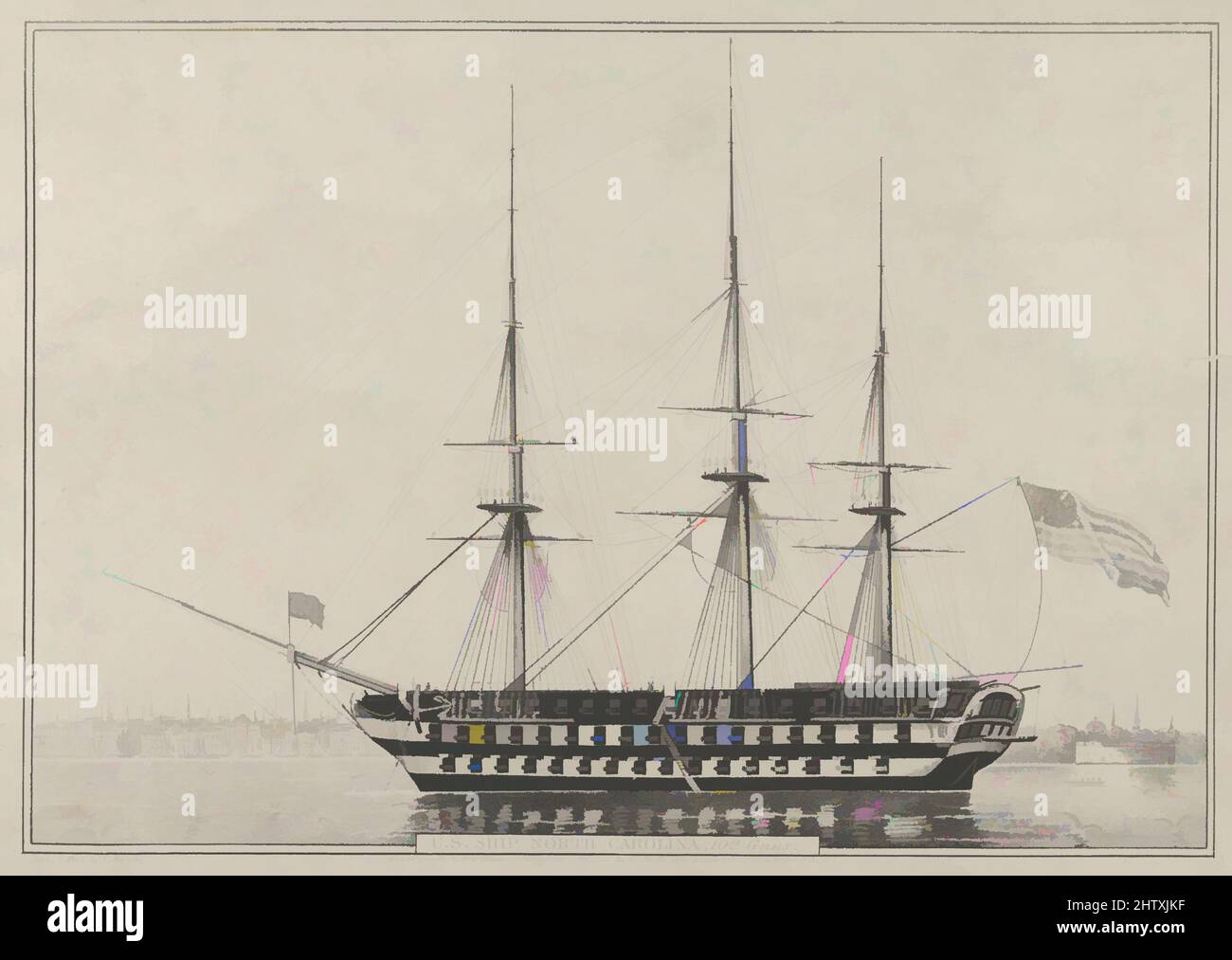 Art inspired by U. S. Ship North Carolina, 102 Guns, 1843, Lithograph; uncolored proof, Image: 9 1/8 x 13 1/8 in. (23.2 x 33.3 cm), Prints, Proof. A marine print. A three-masted ship faces left with an American flag flying off the stern. The New York City skyline is visible behind the, Classic works modernized by Artotop with a splash of modernity. Shapes, color and value, eye-catching visual impact on art. Emotions through freedom of artworks in a contemporary way. A timeless message pursuing a wildly creative new direction. Artists turning to the digital medium and creating the Artotop NFT Stock Photo