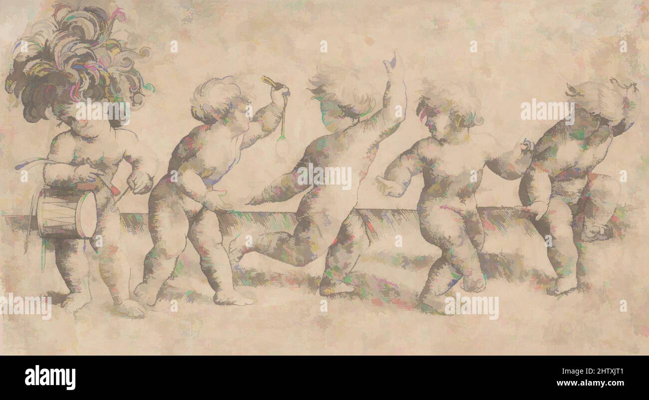 Art inspired by Five Dancing Putti, n.d., Engraving, sheet: 4 3/8 x 7 13/16 in. (11.1 x 19.8 cm), Prints, Amico Aspertini (Italian, Bologna ca. 1474–1552 Bologna, Classic works modernized by Artotop with a splash of modernity. Shapes, color and value, eye-catching visual impact on art. Emotions through freedom of artworks in a contemporary way. A timeless message pursuing a wildly creative new direction. Artists turning to the digital medium and creating the Artotop NFT Stock Photo