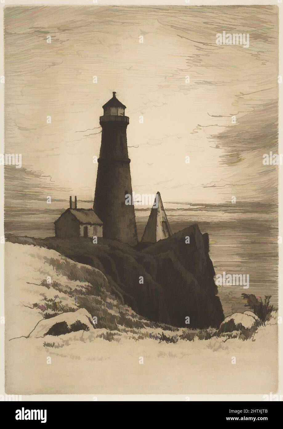 Art inspired by Lighthouse, 1880, Etching, sheet: 6 15/16 x 4 7/8 in. (17.6 x 12.4 cm), Prints, Henry Farrer (American, London 1844–1903 New York, Classic works modernized by Artotop with a splash of modernity. Shapes, color and value, eye-catching visual impact on art. Emotions through freedom of artworks in a contemporary way. A timeless message pursuing a wildly creative new direction. Artists turning to the digital medium and creating the Artotop NFT Stock Photo