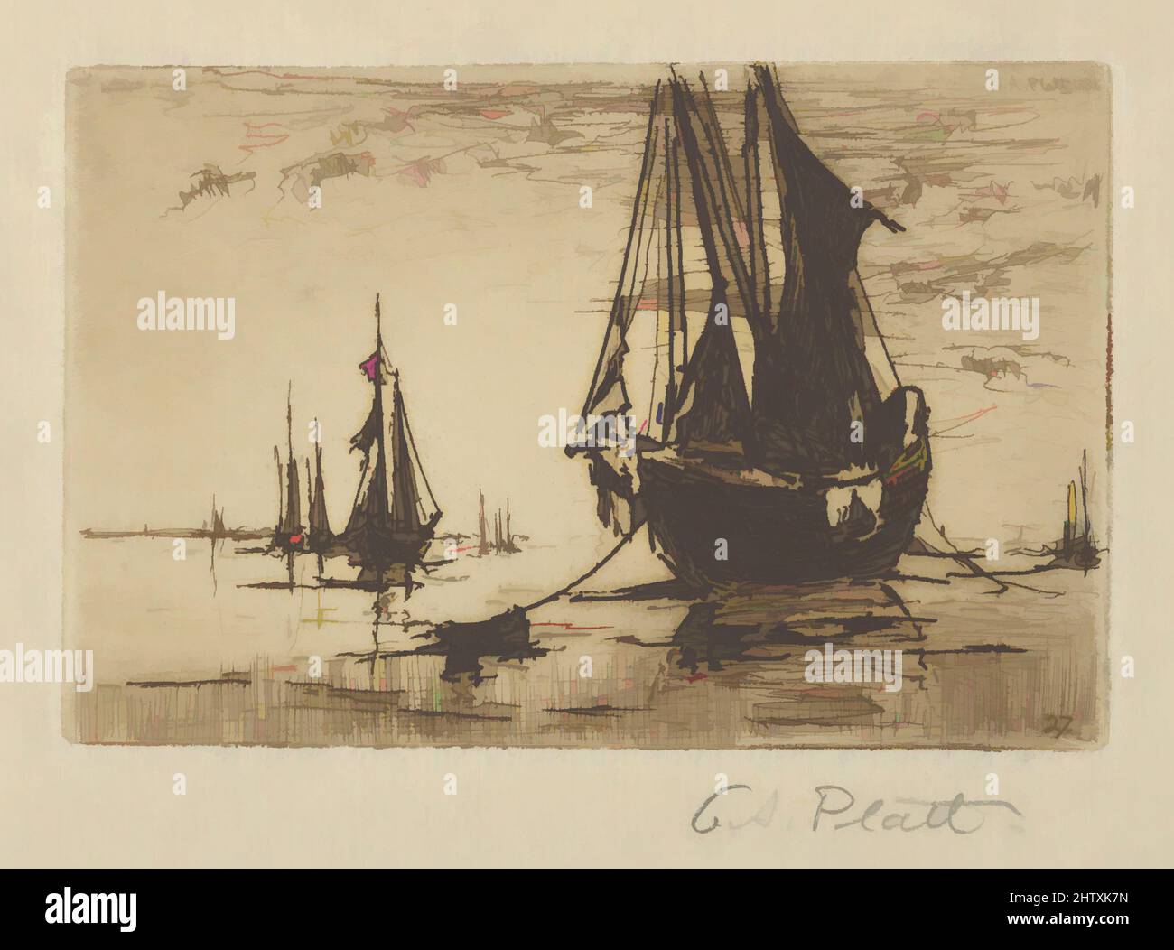 Art inspired by Sketch of a Boat, 1881, Etching; trial proof, plate: 2 3/4 x 4 3/16 in. (7 x 10.6 cm), Prints, Charles Adams Platt (American, New York 1861–1933, Classic works modernized by Artotop with a splash of modernity. Shapes, color and value, eye-catching visual impact on art. Emotions through freedom of artworks in a contemporary way. A timeless message pursuing a wildly creative new direction. Artists turning to the digital medium and creating the Artotop NFT Stock Photo