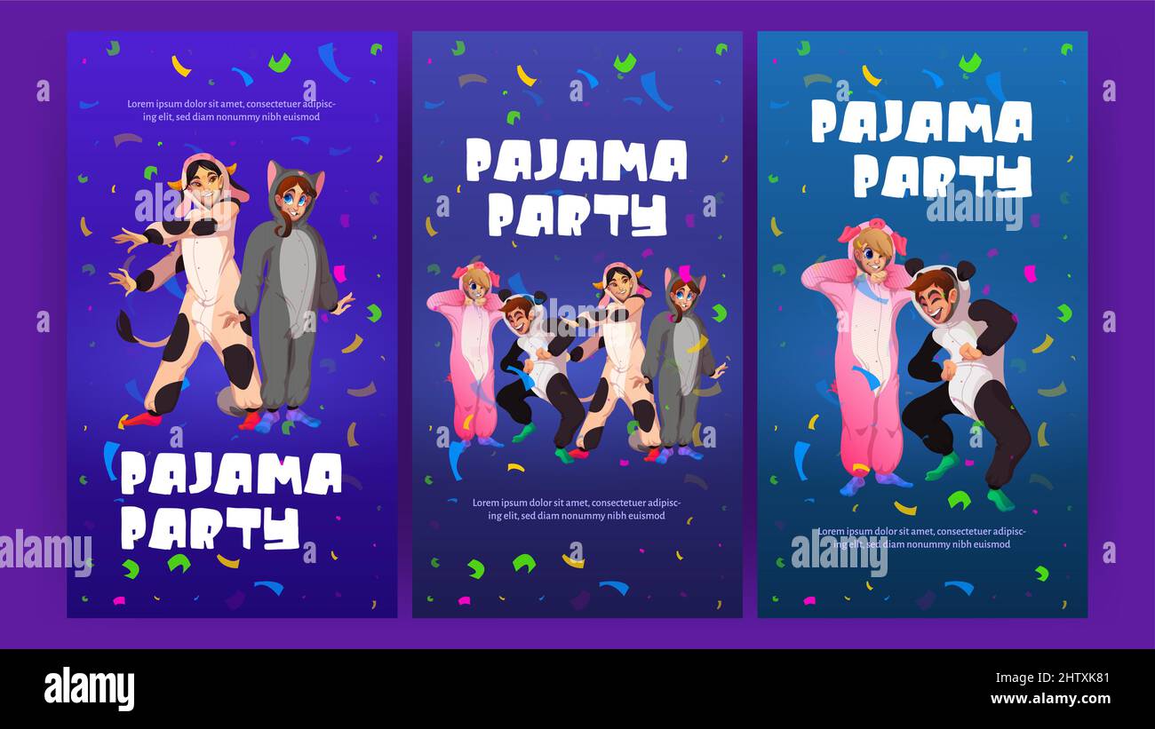 Pajama party cartoon posters. Young people in kigurumi animal jumpsuits rejoice with friends and confetti. Teenagers wear costumes cat, cow, panda and pig, Vector illustration, invitation to club Stock Vector