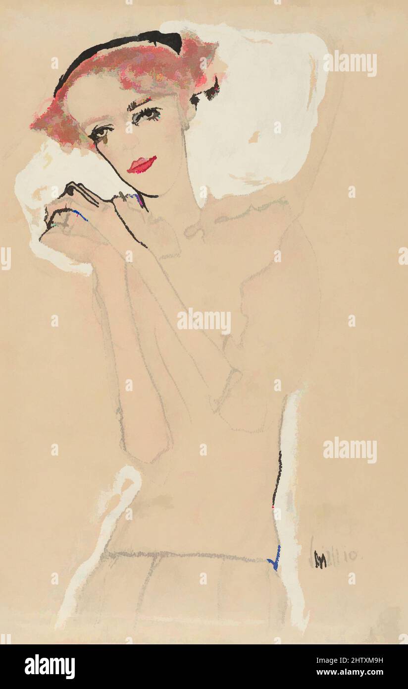 Art inspired by Portrait of a Woman, 1910, Color lithograph, sheet: 5 1/2 x 3 1/2 in. (14 x 8.9 cm), Prints, Egon Schiele (Austrian, Tulln 1890–1918 Vienna, Classic works modernized by Artotop with a splash of modernity. Shapes, color and value, eye-catching visual impact on art. Emotions through freedom of artworks in a contemporary way. A timeless message pursuing a wildly creative new direction. Artists turning to the digital medium and creating the Artotop NFT Stock Photo