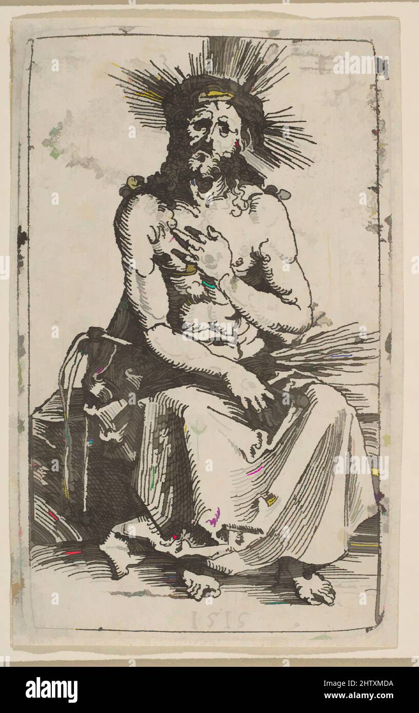 Art inspired by The Man of Sorrows Seated, 1515, Etching on iron; first state of three, plate: 4 7/16 x 2 3/4 in. (11.3 x 7 cm), Prints, Albrecht Dürer (German, Nuremberg 1471–1528 Nuremberg, Classic works modernized by Artotop with a splash of modernity. Shapes, color and value, eye-catching visual impact on art. Emotions through freedom of artworks in a contemporary way. A timeless message pursuing a wildly creative new direction. Artists turning to the digital medium and creating the Artotop NFT Stock Photo