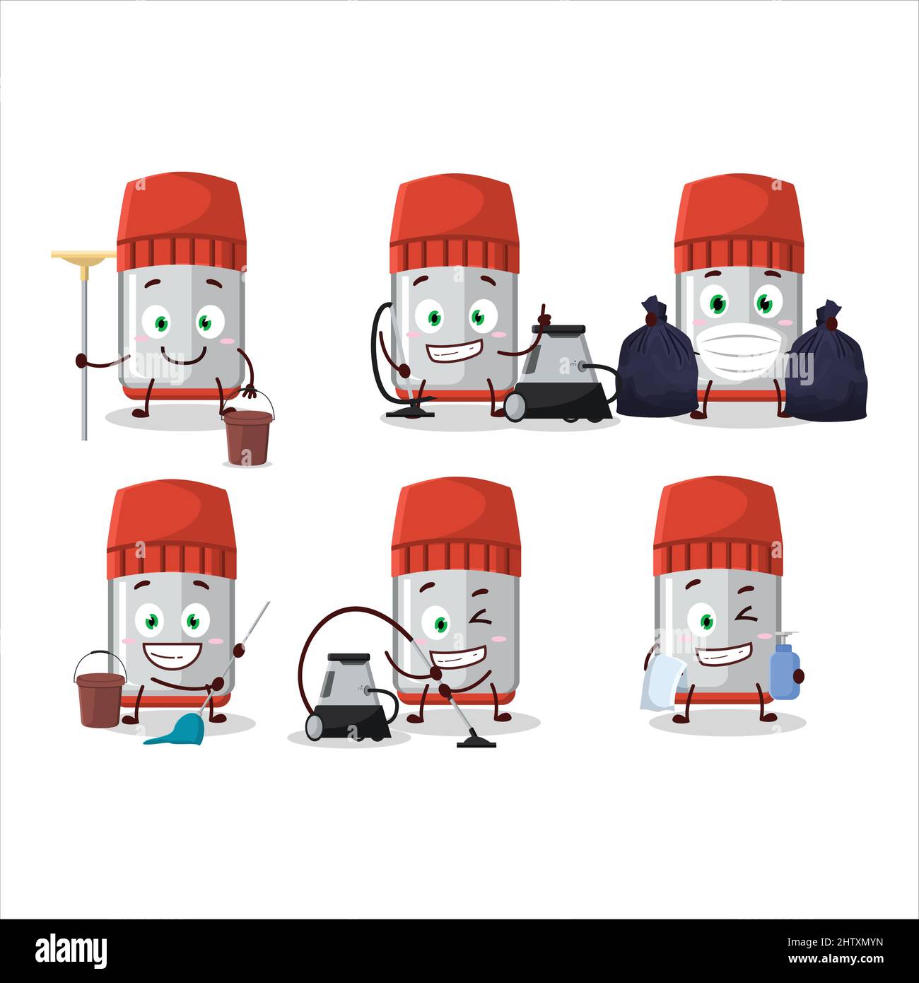 Cleaning Service Red Whiteboard Marker Cute Cartoon Character Using Mop Vector Illustration 