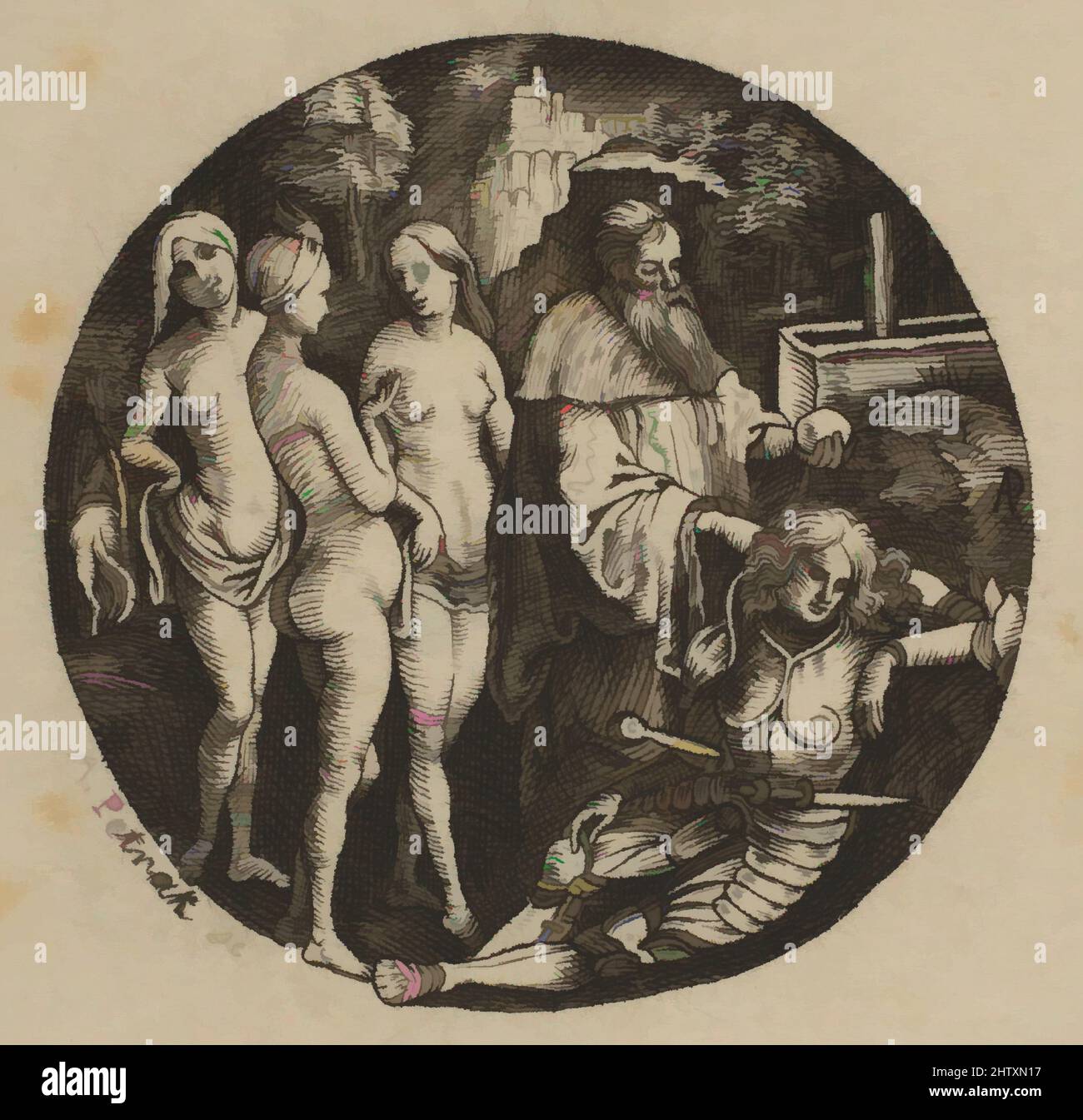 Art inspired by Judgment of Paris, 19th century, Engraving, Diameter: 1 3/8 in. (3.5 cm), Prints, Alois Petrak (Czech, 1811–1888), After Albrecht Dürer (German, Nuremberg 1471–1528 Nuremberg, Classic works modernized by Artotop with a splash of modernity. Shapes, color and value, eye-catching visual impact on art. Emotions through freedom of artworks in a contemporary way. A timeless message pursuing a wildly creative new direction. Artists turning to the digital medium and creating the Artotop NFT Stock Photo