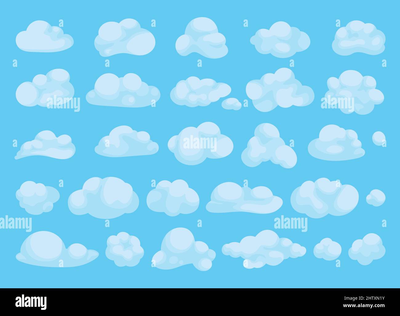 Collection of abstract, hand drawn, flat style colored with basic shading clouds. Stock Vector