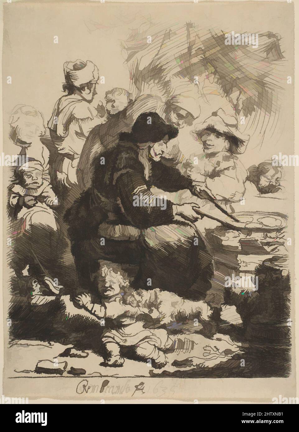 Art inspired by The Pancake Woman, 1635, Etching, Prints, Rembrandt (Rembrandt van Rijn) (Dutch, Leiden 1606–1669 Amsterdam, Classic works modernized by Artotop with a splash of modernity. Shapes, color and value, eye-catching visual impact on art. Emotions through freedom of artworks in a contemporary way. A timeless message pursuing a wildly creative new direction. Artists turning to the digital medium and creating the Artotop NFT Stock Photo