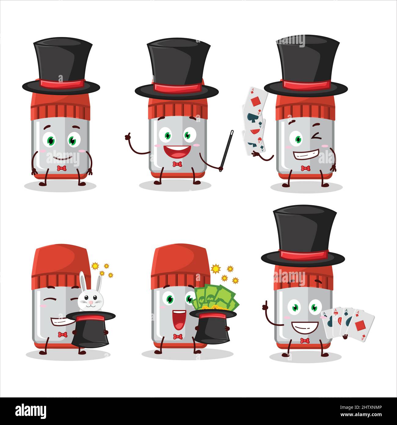 A red whiteboard marker Magician cartoon character perform on a stage. Vector illustration Stock Vector