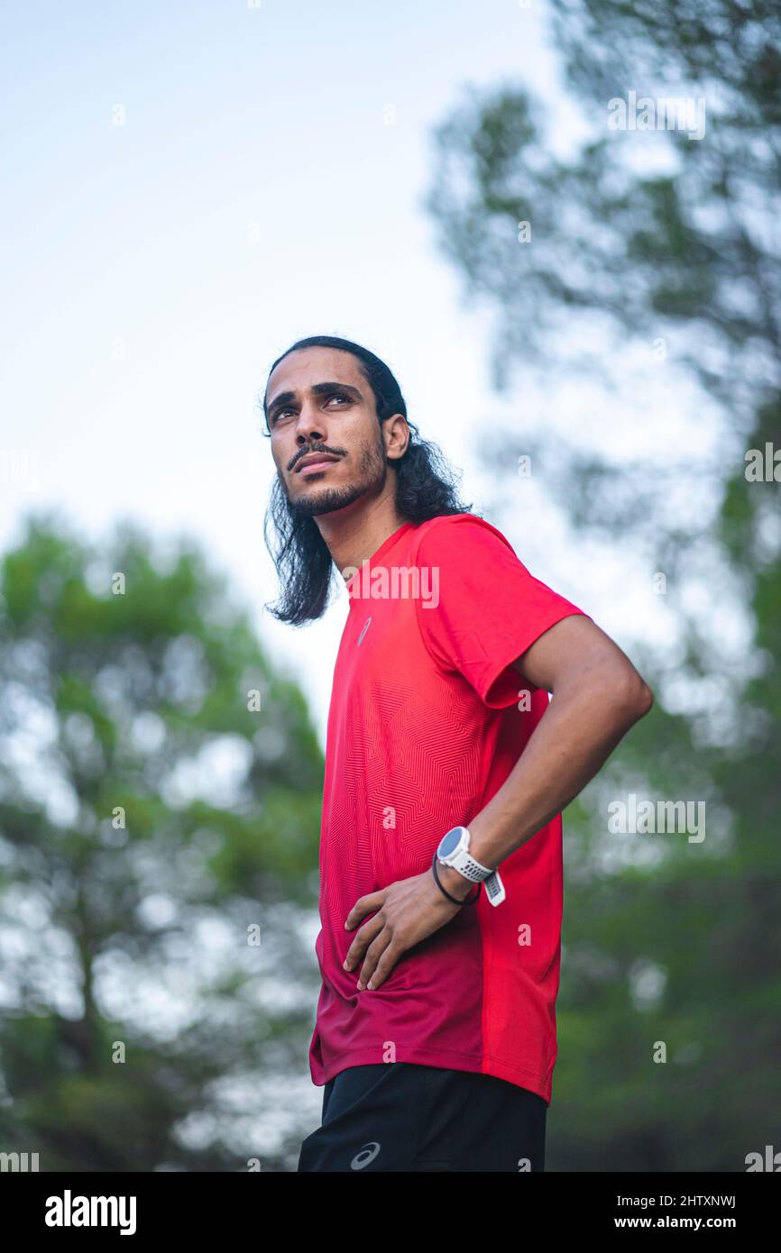 Mohamed Katir training in his rural environment and on his land, Mula (Murcia). Stock Photo