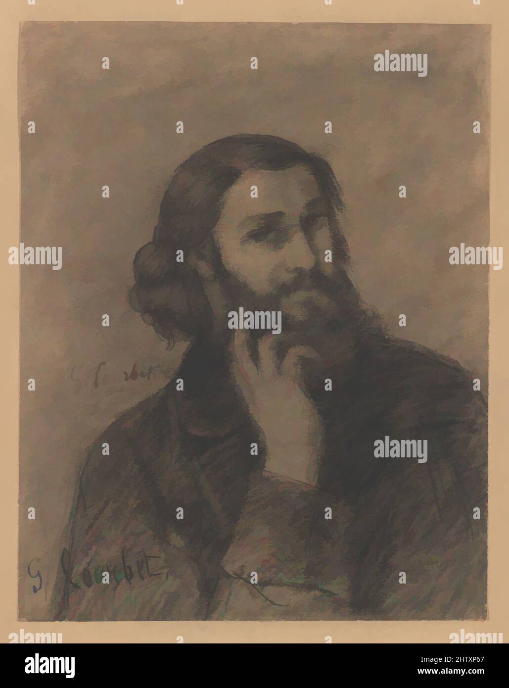 Art inspired by Self-Portrait, ca. 1866, Conté crayon, sheet: 10 1/2 x 8 1/4 in. (26.7 x 21 cm), Drawings, Gustave Courbet (French, Ornans 1819–1877 La Tour-de-Peilz, Classic works modernized by Artotop with a splash of modernity. Shapes, color and value, eye-catching visual impact on art. Emotions through freedom of artworks in a contemporary way. A timeless message pursuing a wildly creative new direction. Artists turning to the digital medium and creating the Artotop NFT Stock Photo
