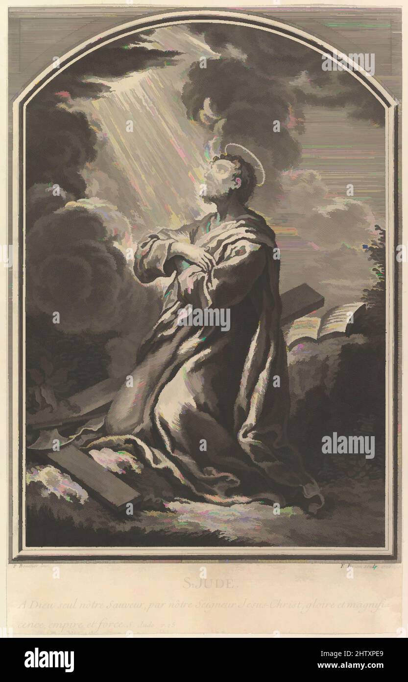 Art inspired by Saint Jude, 1726, Etching and engraving, Sheet (trimmed): 13 3/4 × 8 11/16 in. (35 × 22.1 cm), Prints, Etienne Brion (French, Paris, ca0), After François Boucher (French, Paris 1703–1770 Paris, Classic works modernized by Artotop with a splash of modernity. Shapes, color and value, eye-catching visual impact on art. Emotions through freedom of artworks in a contemporary way. A timeless message pursuing a wildly creative new direction. Artists turning to the digital medium and creating the Artotop NFT Stock Photo