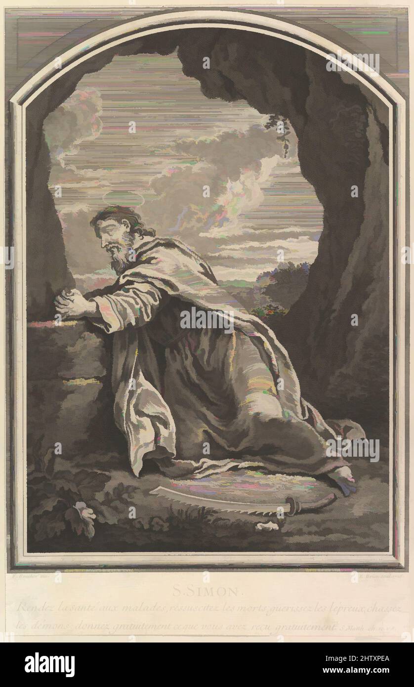 Art inspired by Saint Simon, 1726, Etching and engraving, Sheet: 13 3/4 × 8 3/4 in. (34.9 × 22.3 cm), Prints, Etienne Brion (French, Paris, ca0), After François Boucher (French, Paris 1703–1770 Paris, Classic works modernized by Artotop with a splash of modernity. Shapes, color and value, eye-catching visual impact on art. Emotions through freedom of artworks in a contemporary way. A timeless message pursuing a wildly creative new direction. Artists turning to the digital medium and creating the Artotop NFT Stock Photo