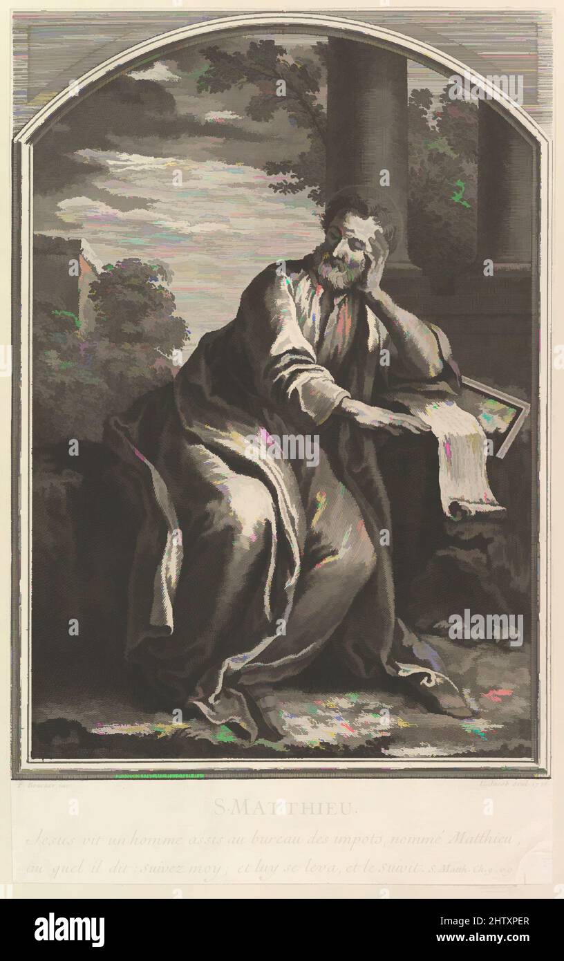 Art inspired by Saint Mathew, 1726, Etching and engraving, Sheet (trimmed): 13 3/4 × 8 7/16 in. (35 × 21.5 cm), Prints, Louis Jacob (French, Lisieux 1712–1802 Paris), After François Boucher (French, Paris 1703–1770 Paris, Classic works modernized by Artotop with a splash of modernity. Shapes, color and value, eye-catching visual impact on art. Emotions through freedom of artworks in a contemporary way. A timeless message pursuing a wildly creative new direction. Artists turning to the digital medium and creating the Artotop NFT Stock Photo