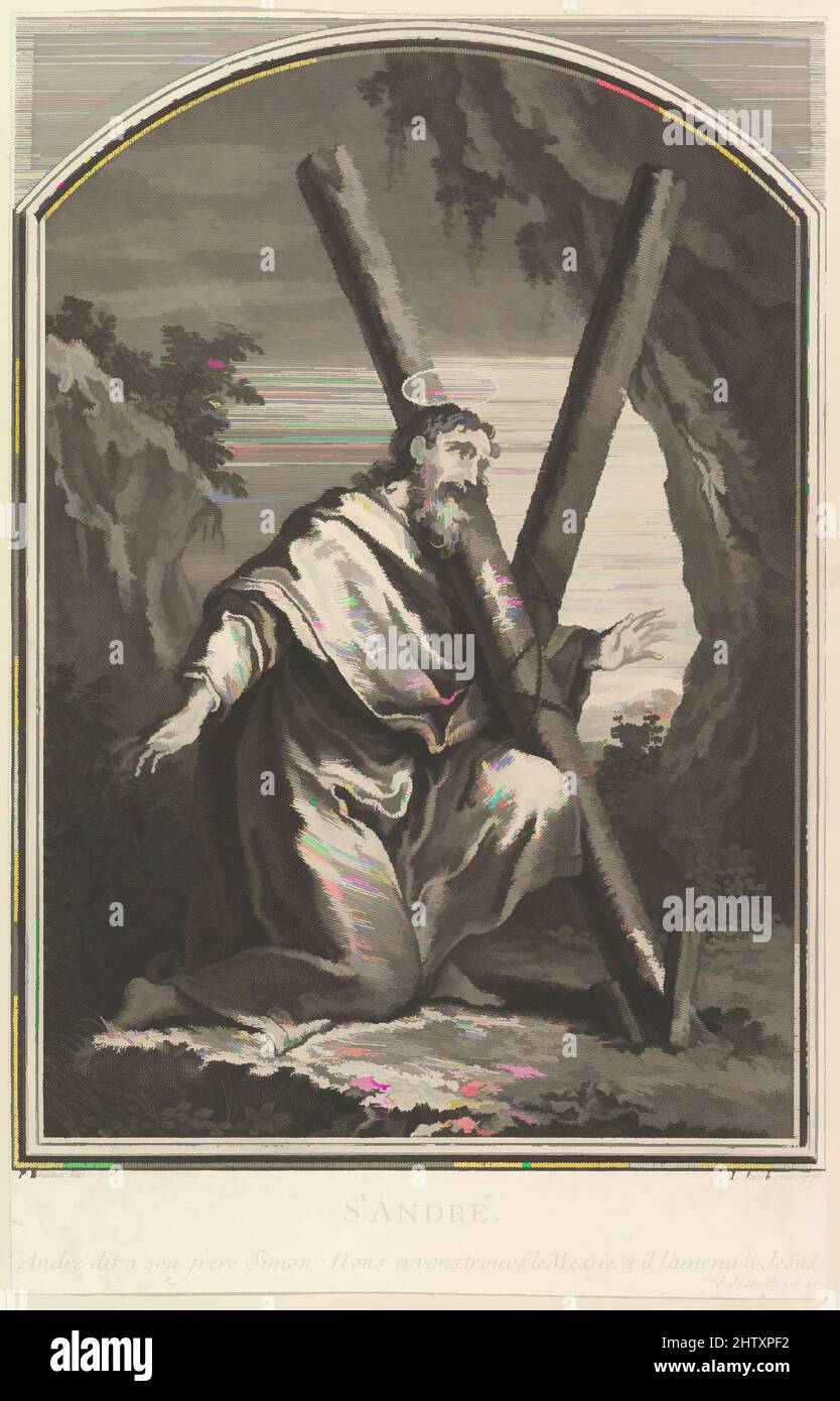 Art inspired by Saint André, 1726, Etching and engraving, Sheet (trimmed): 13 1/2 × 8 9/16 in. (34.3 × 21.8 cm), Prints, Louis Jacob (French, Lisieux 1712–1802 Paris), After François Boucher (French, Paris 1703–1770 Paris, Classic works modernized by Artotop with a splash of modernity. Shapes, color and value, eye-catching visual impact on art. Emotions through freedom of artworks in a contemporary way. A timeless message pursuing a wildly creative new direction. Artists turning to the digital medium and creating the Artotop NFT Stock Photo